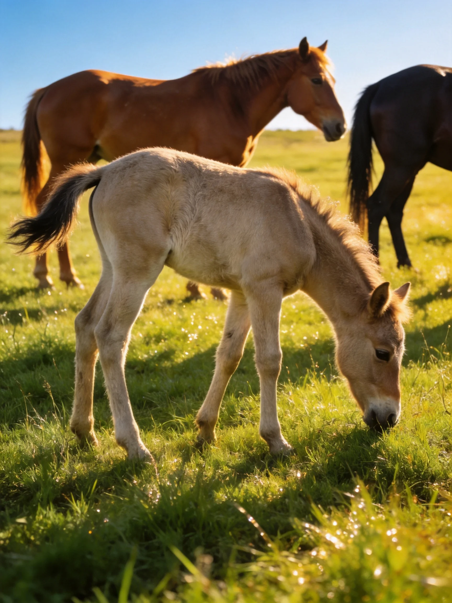 A young tan foal and two adult horses graze in a sunlit meadow