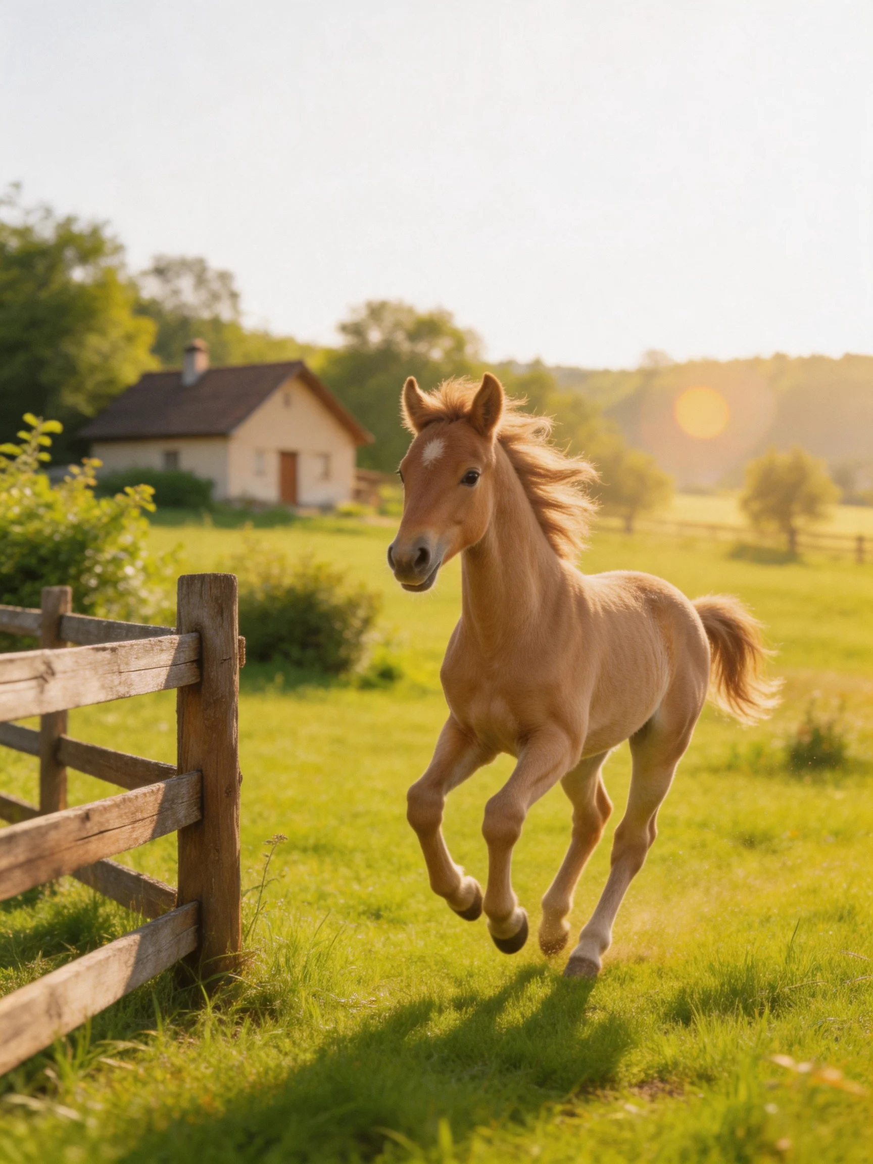 A young tan foal galloping near a wooden fence in a sunlit meadow