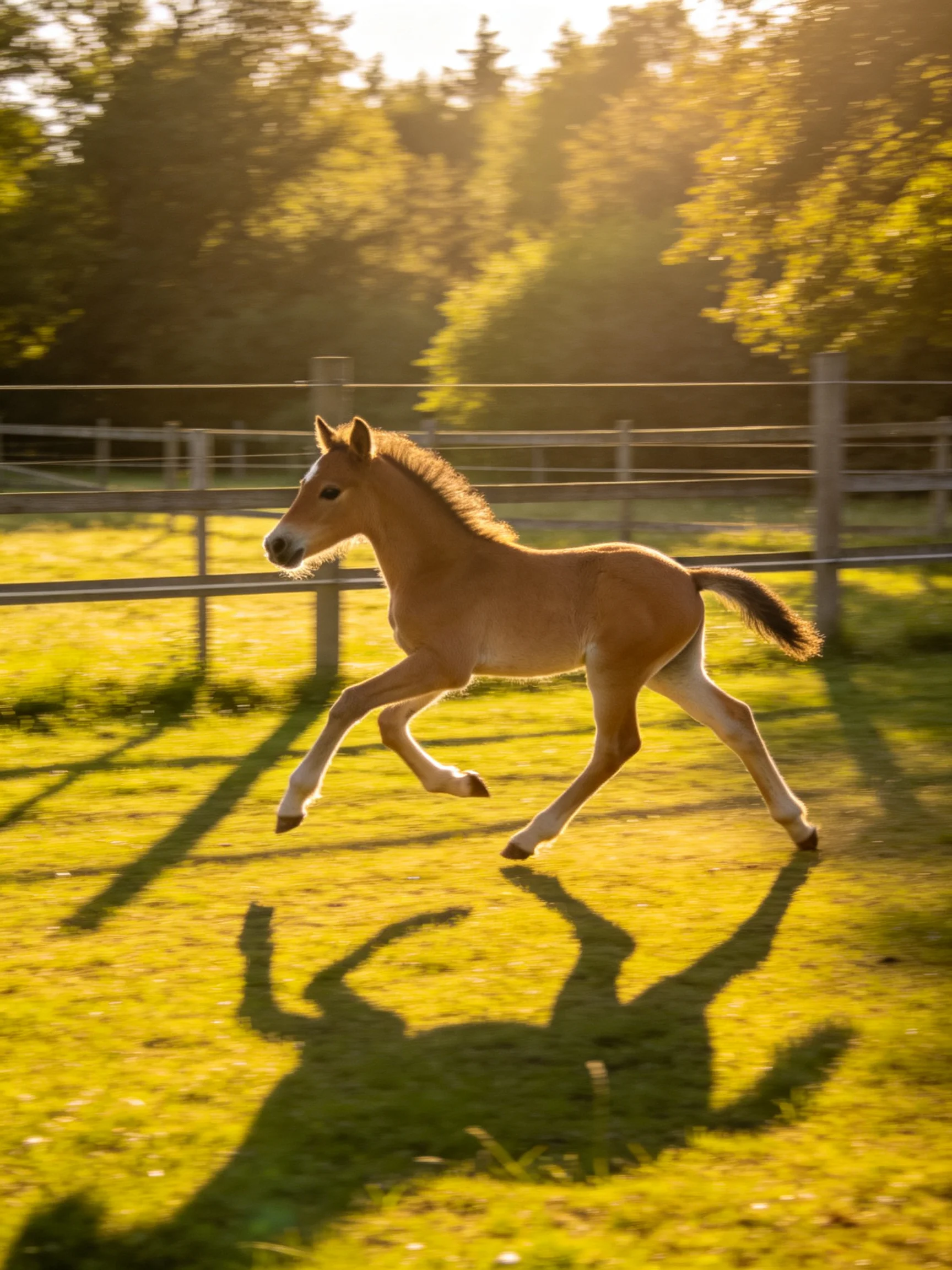 A young tan foal galloping on sunlit green pasture