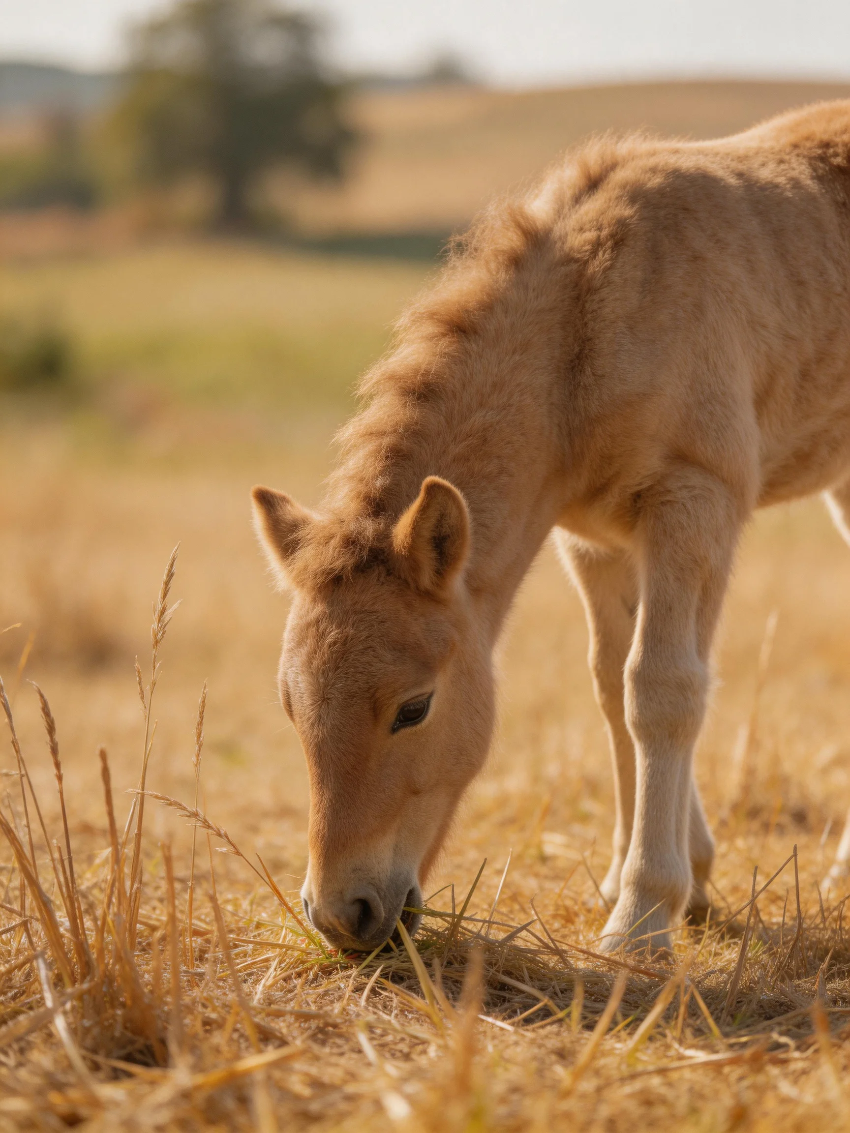 A young tan foal grazes in a sunlit golden field