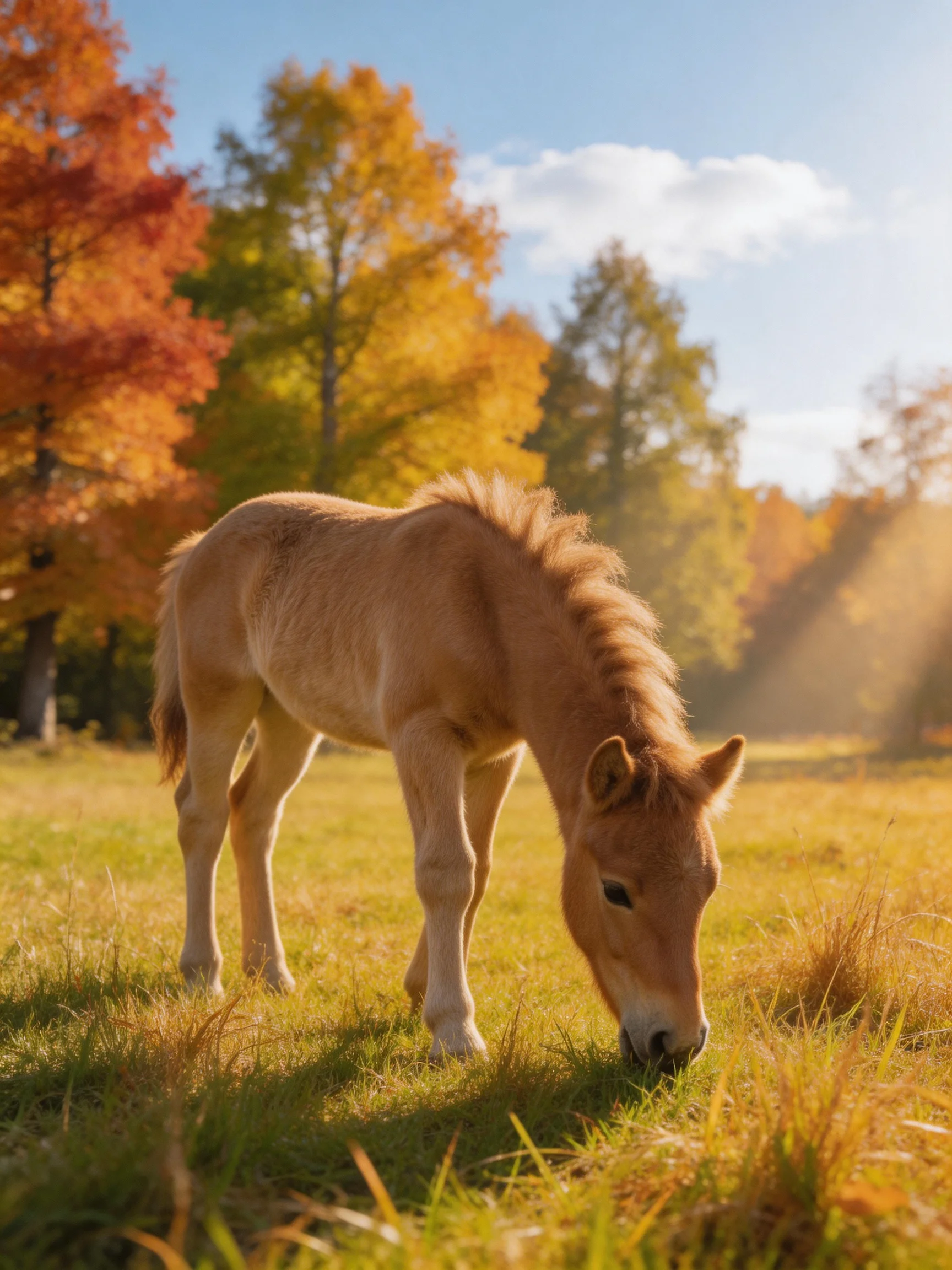 A young tan foal grazes in an autumn meadow with colorful trees