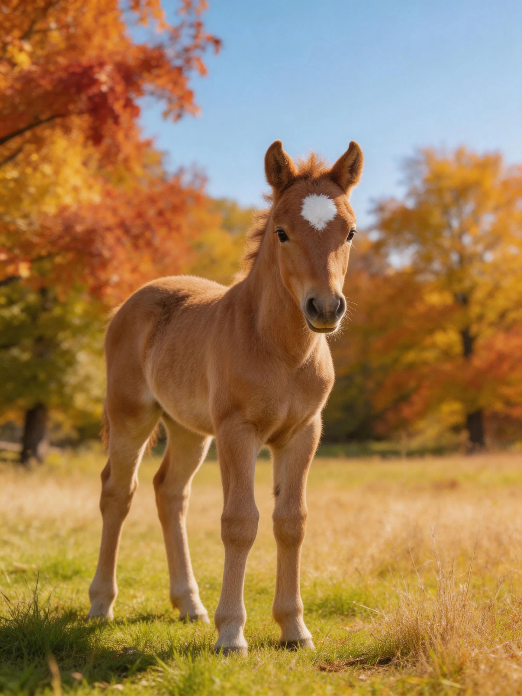 A young tan foal stands in a sunlit autumn meadow with colorful trees.