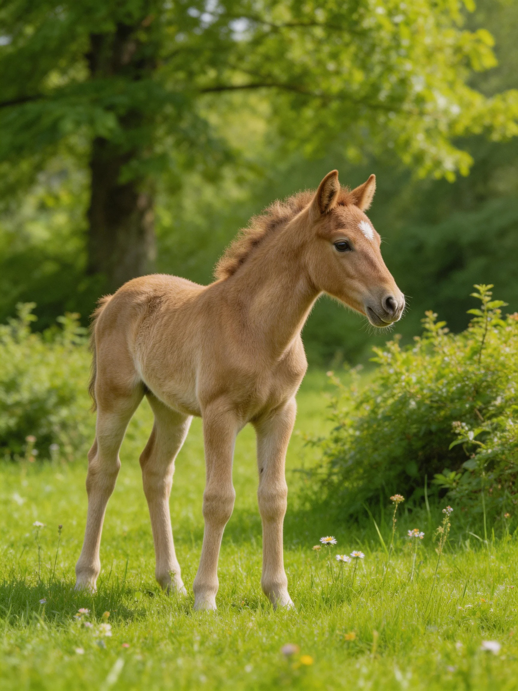 A young tan foal stands in a sunlit meadow.