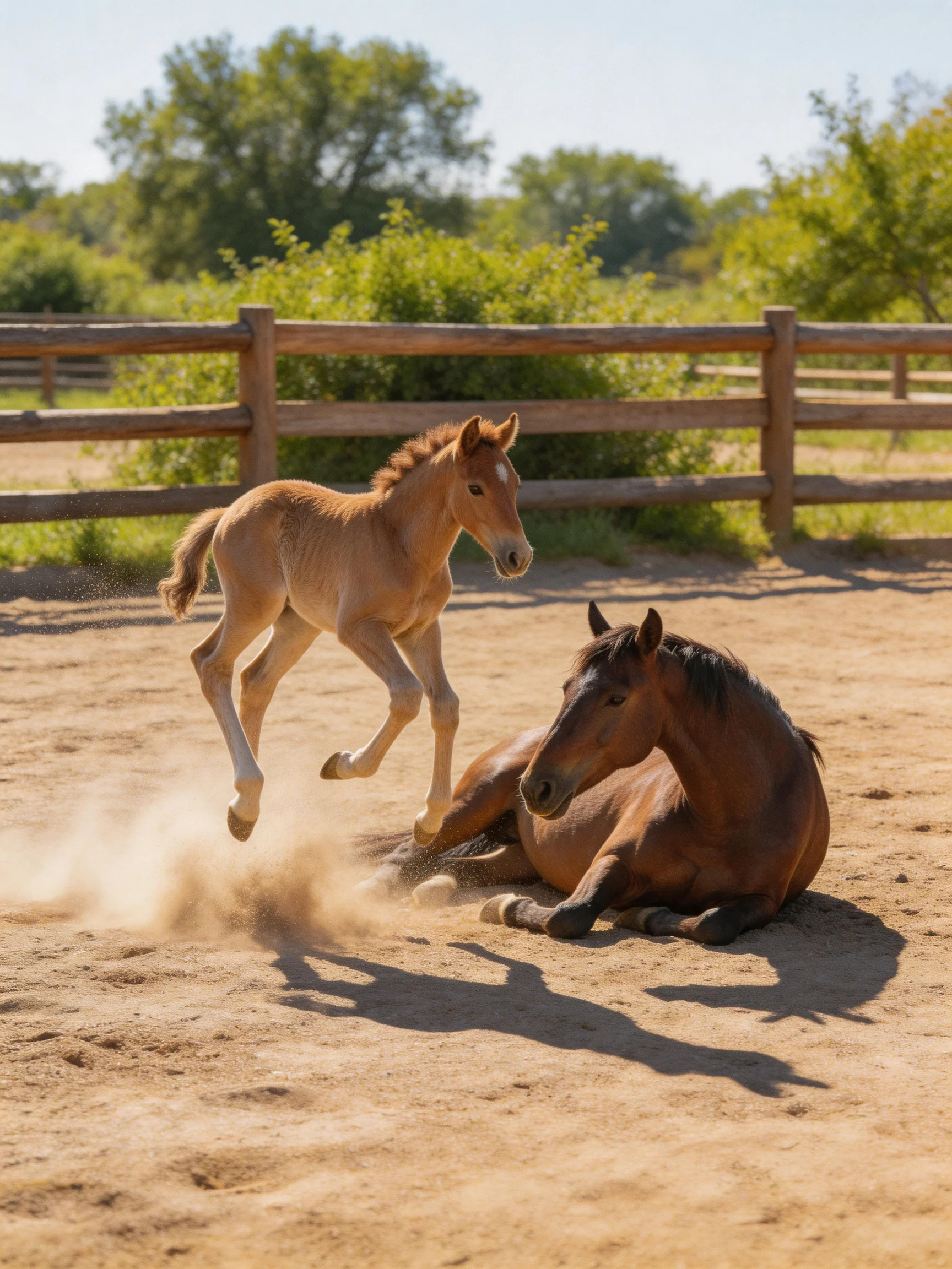 A young tan foal leaps near a resting brown horse in a sandy fenced enclosure.