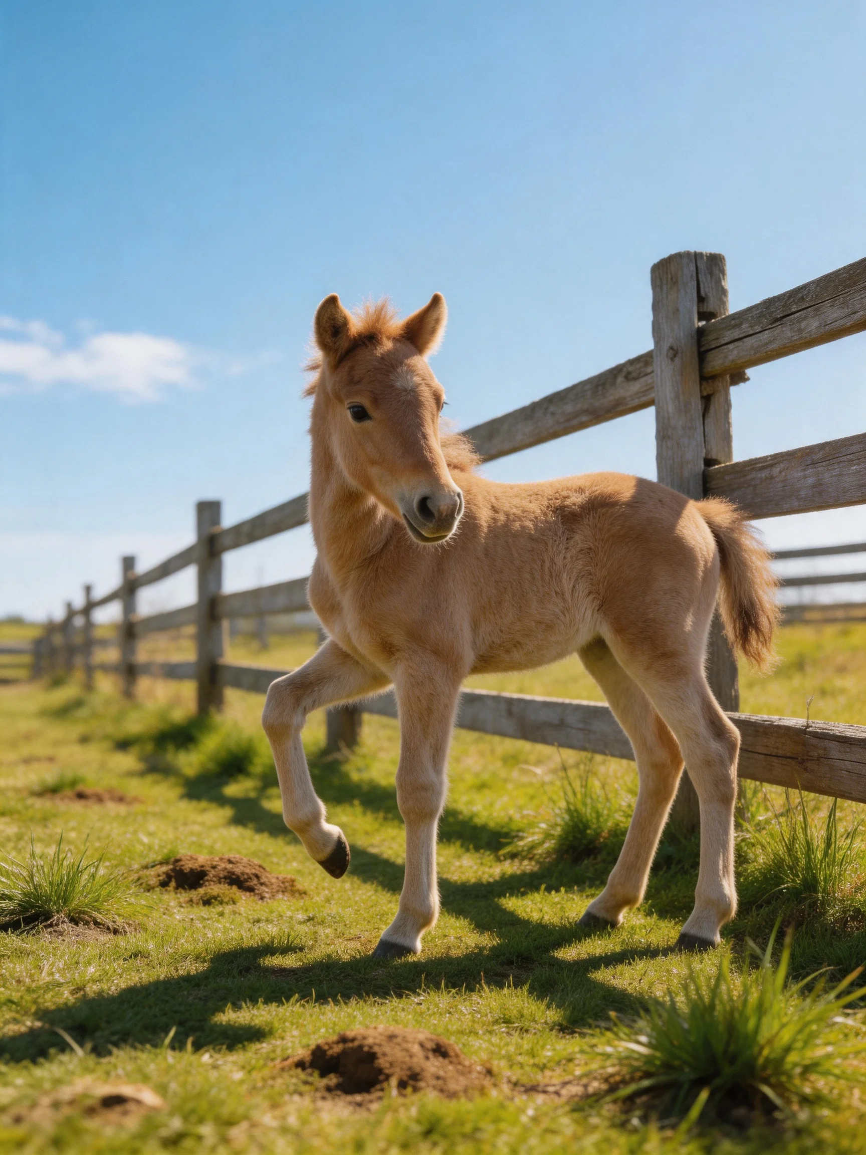 A young tan foal near a weathered wooden fence