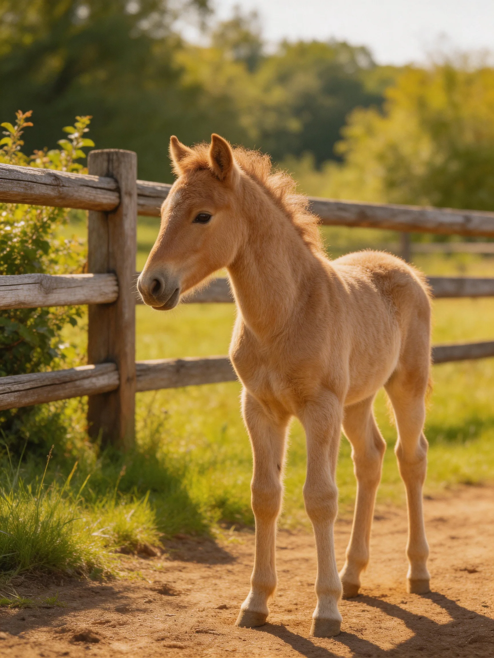 A young tan foal near a wooden fence in a sunlit pasture