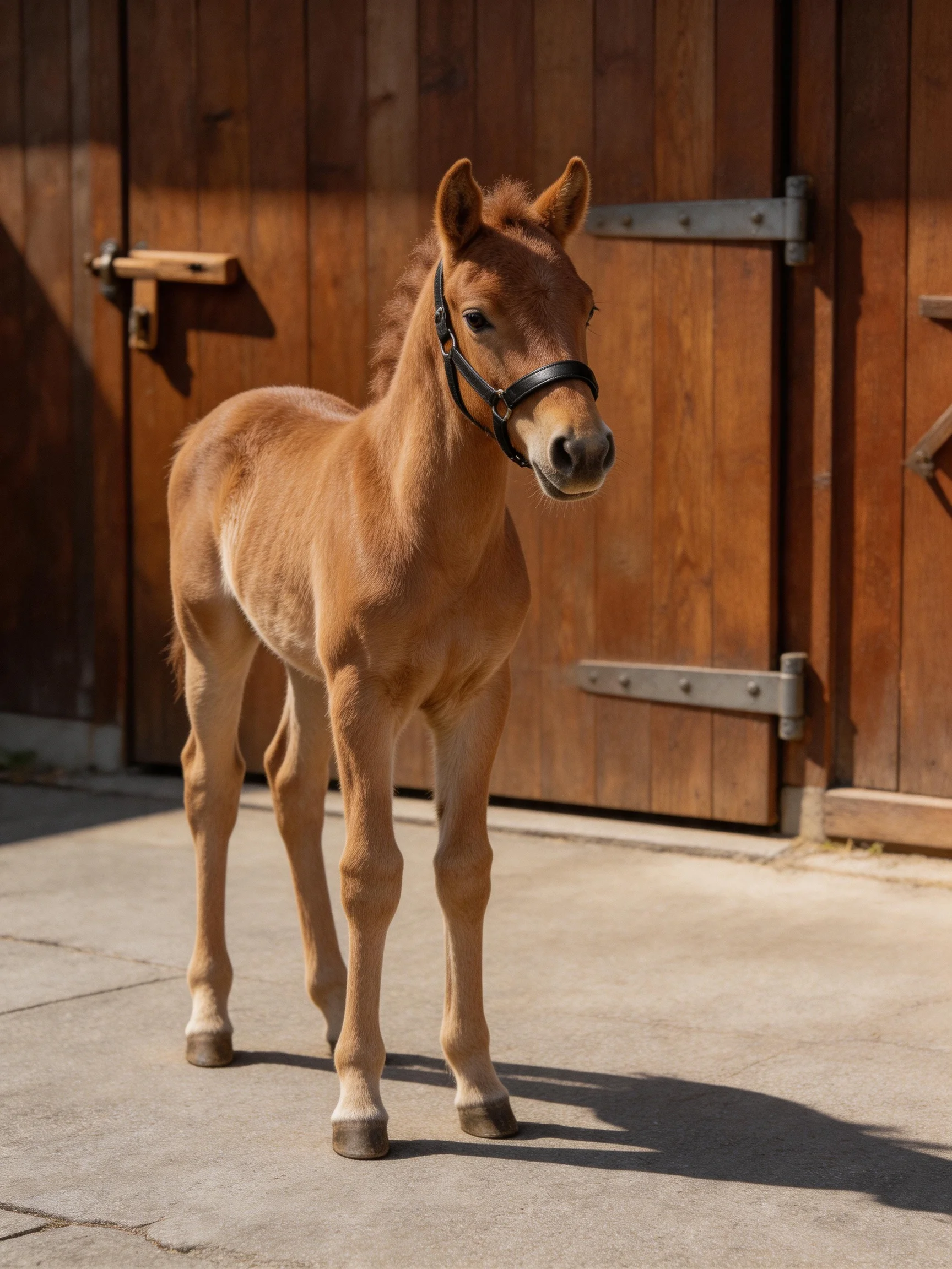 A young tan foal stands before large wooden stable doors