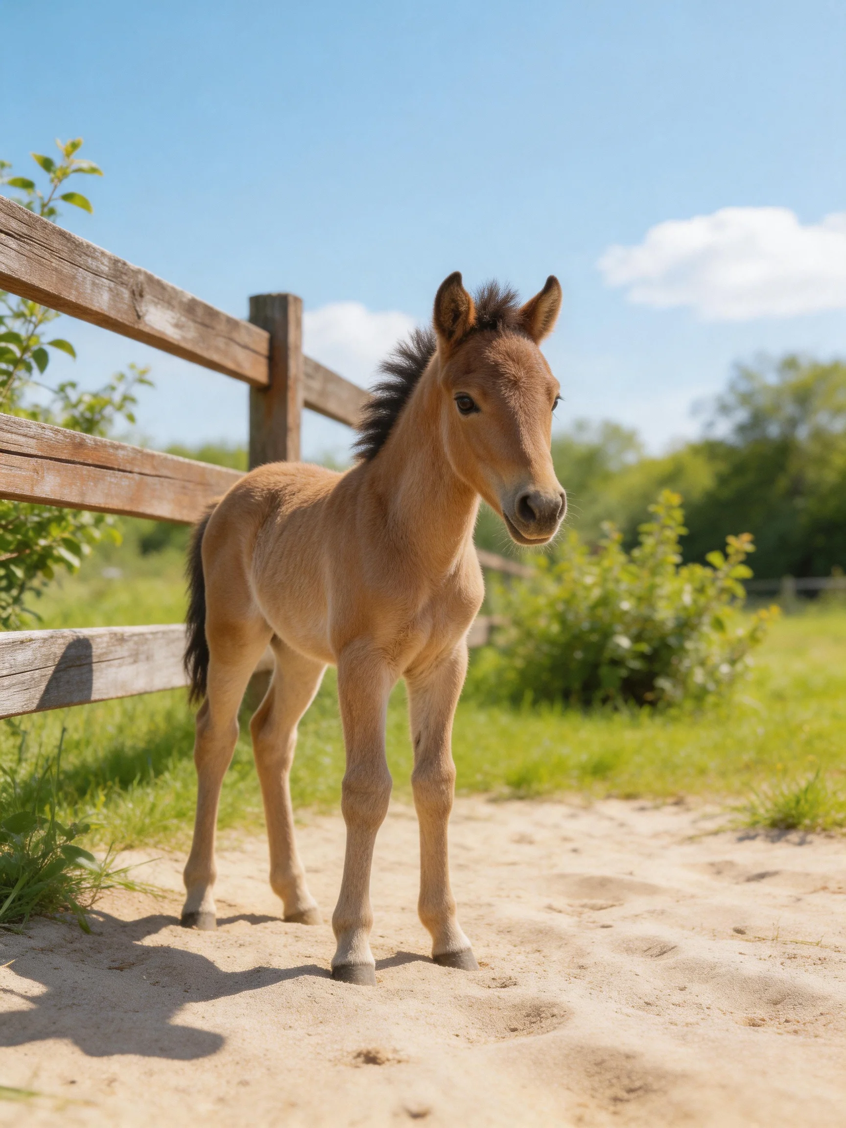 A young tan foal stands beside a weathered wooden fence outdoors