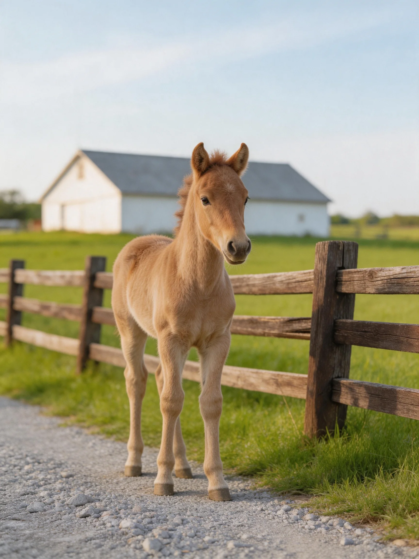A young tan foal stands near a wooden fence by a white barn