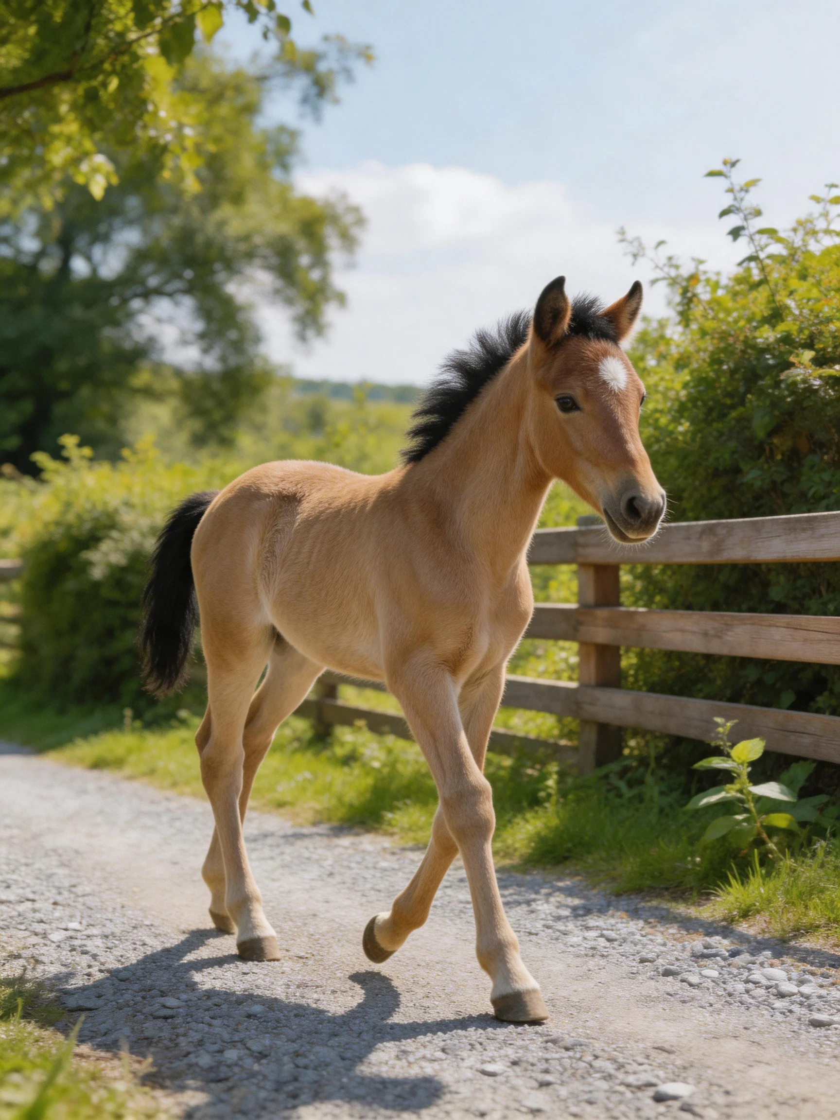 A young tan foal walking on a gravel path near wooden fencing