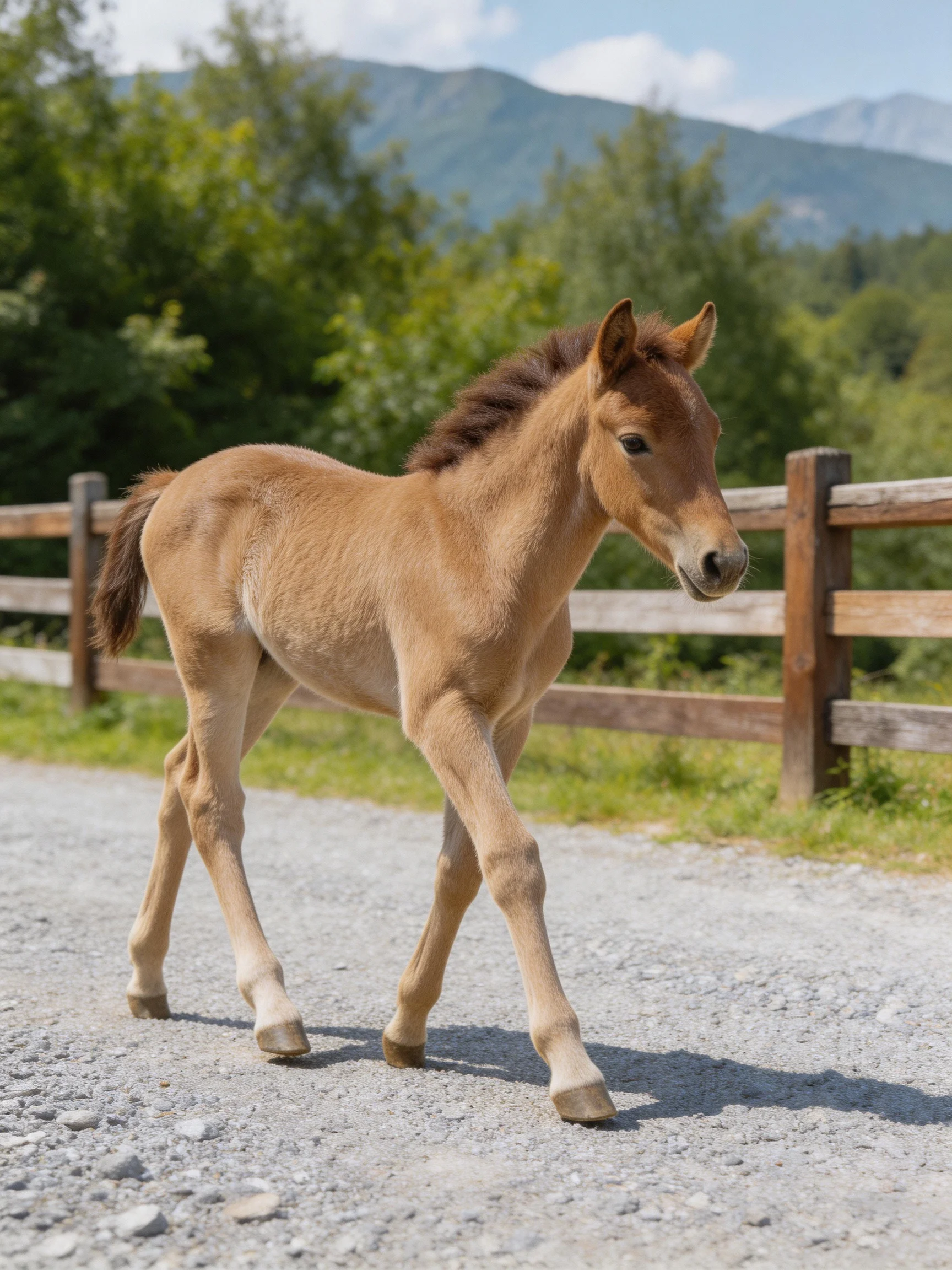 A young tan foal walks along a gravel path near wooden fences