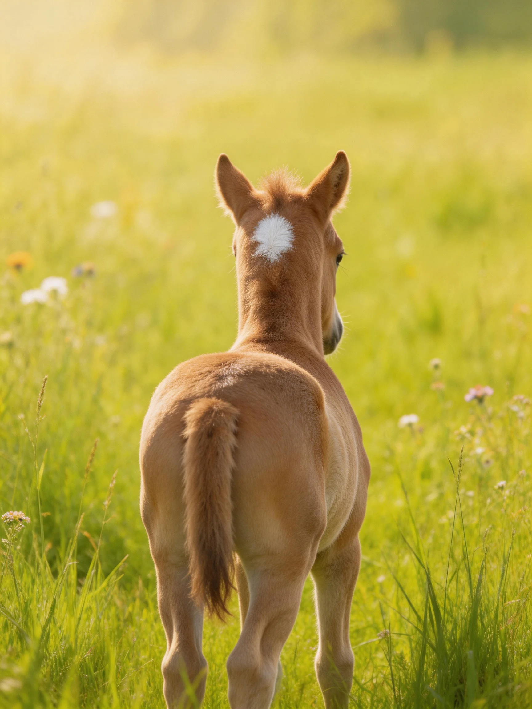 A young tan foal wanders through a sunlit green meadow