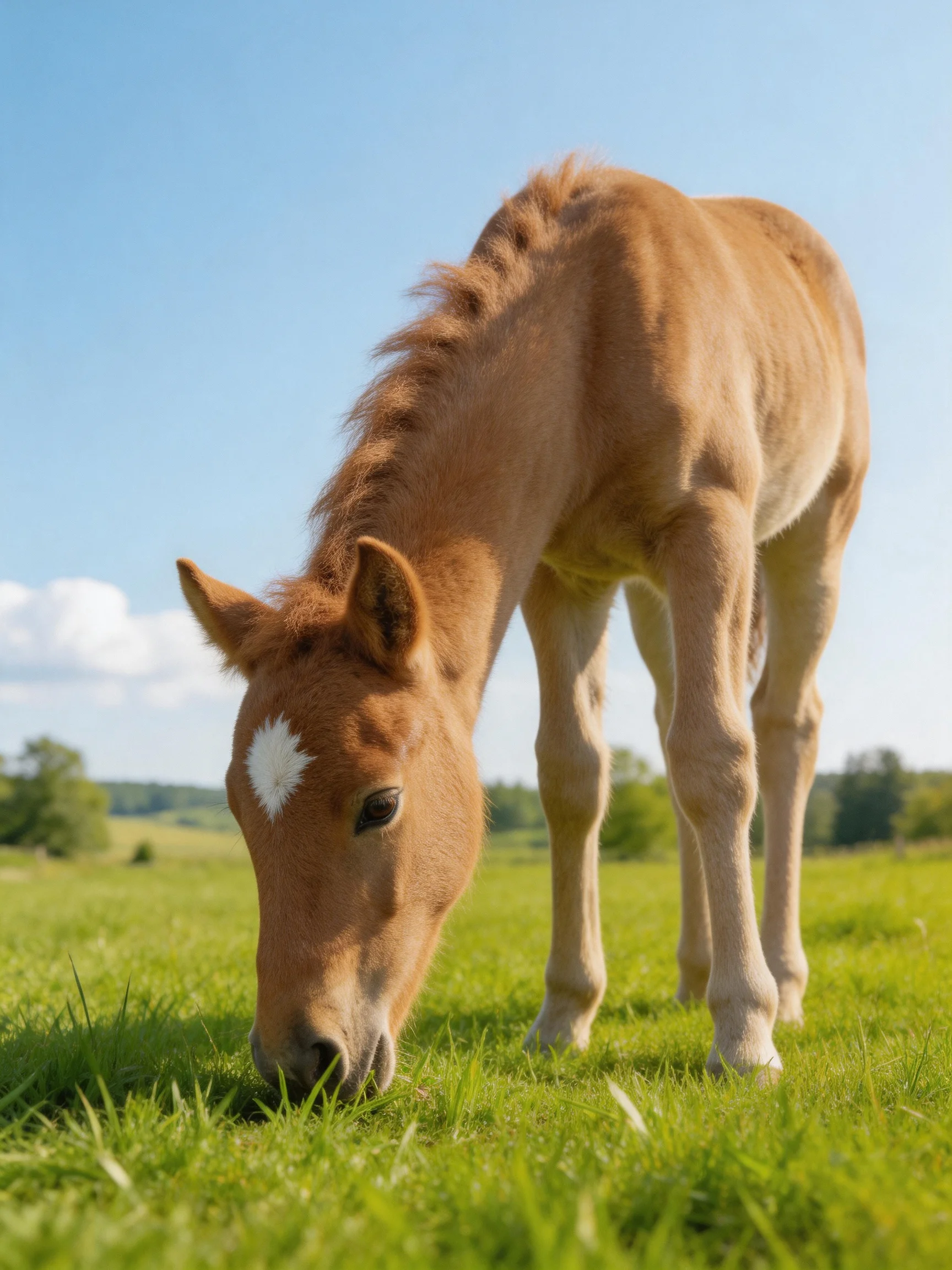 A young tan foal with a white marking grazes in a bright green meadow