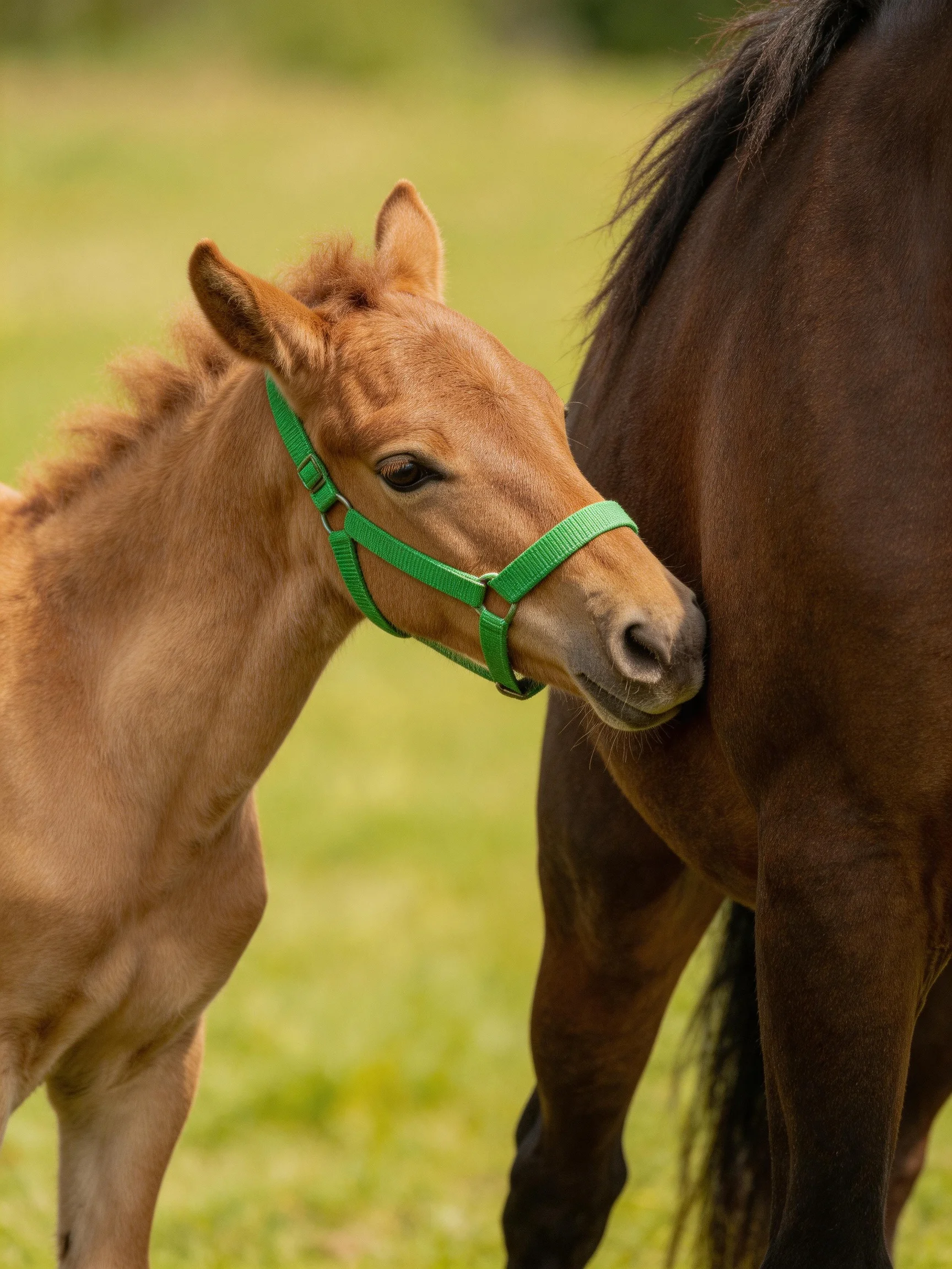 A young tan foal with green halter near a large brown horse