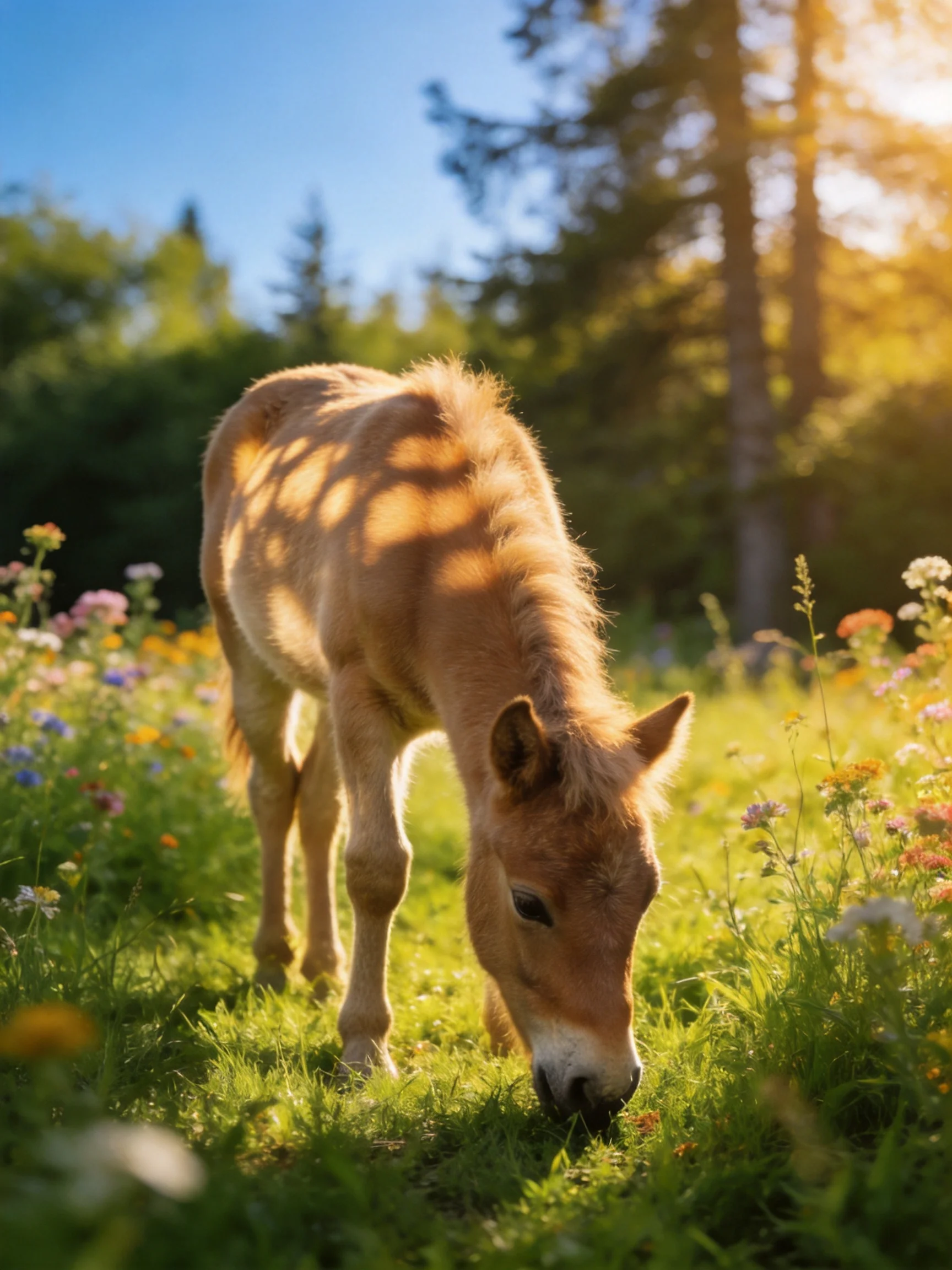 A young tan pony grazes in a vibrant flower - filled meadow