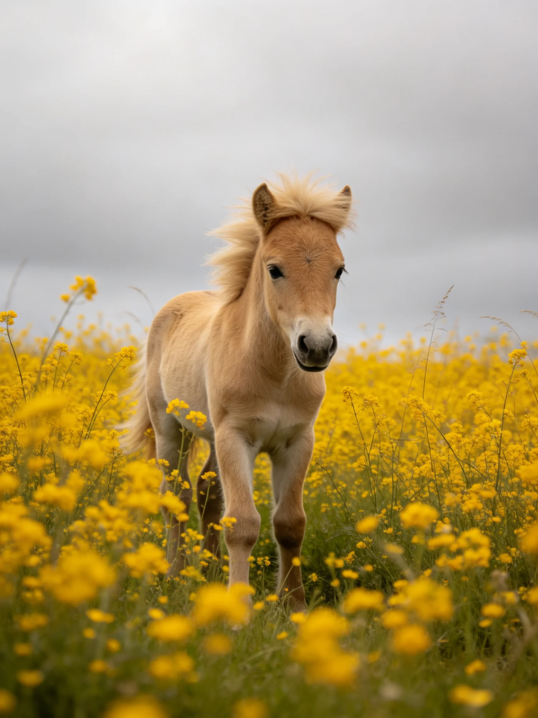 A young tan pony stands among vibrant yellow wildflowers under a gray sky
