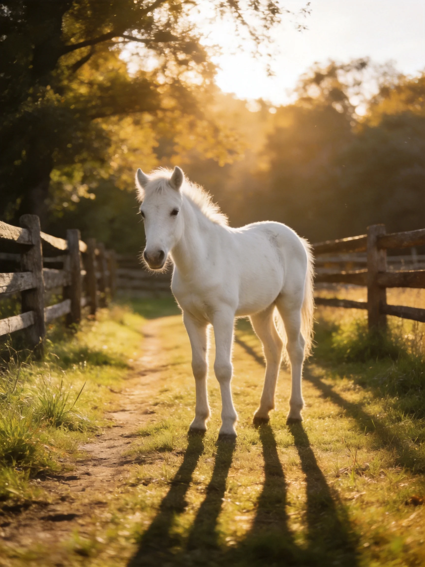 A young white pony stands near wooden fences in golden sunlight