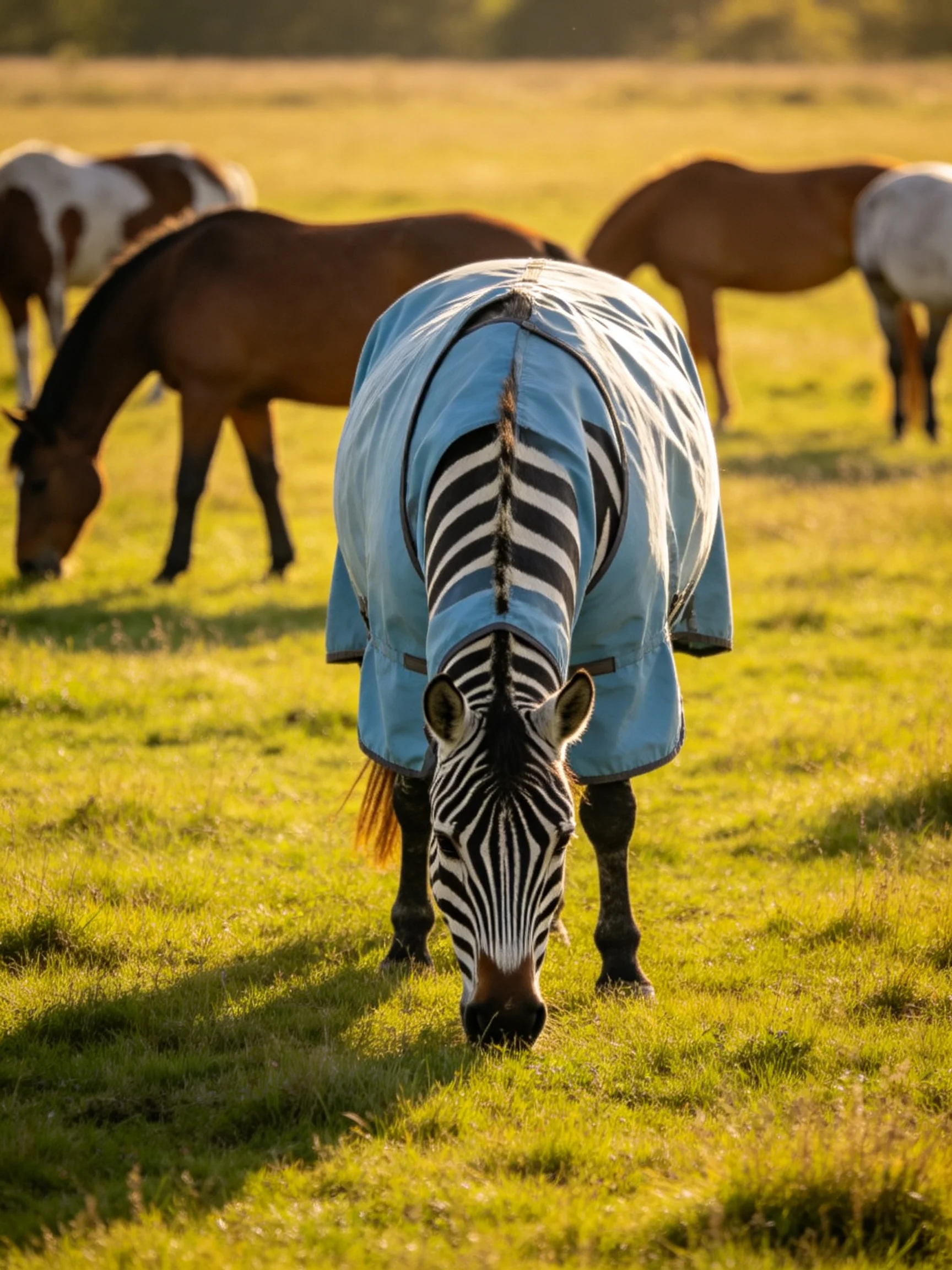 A zebra in a blue blanket grazes near brown horses in a sunny meadow