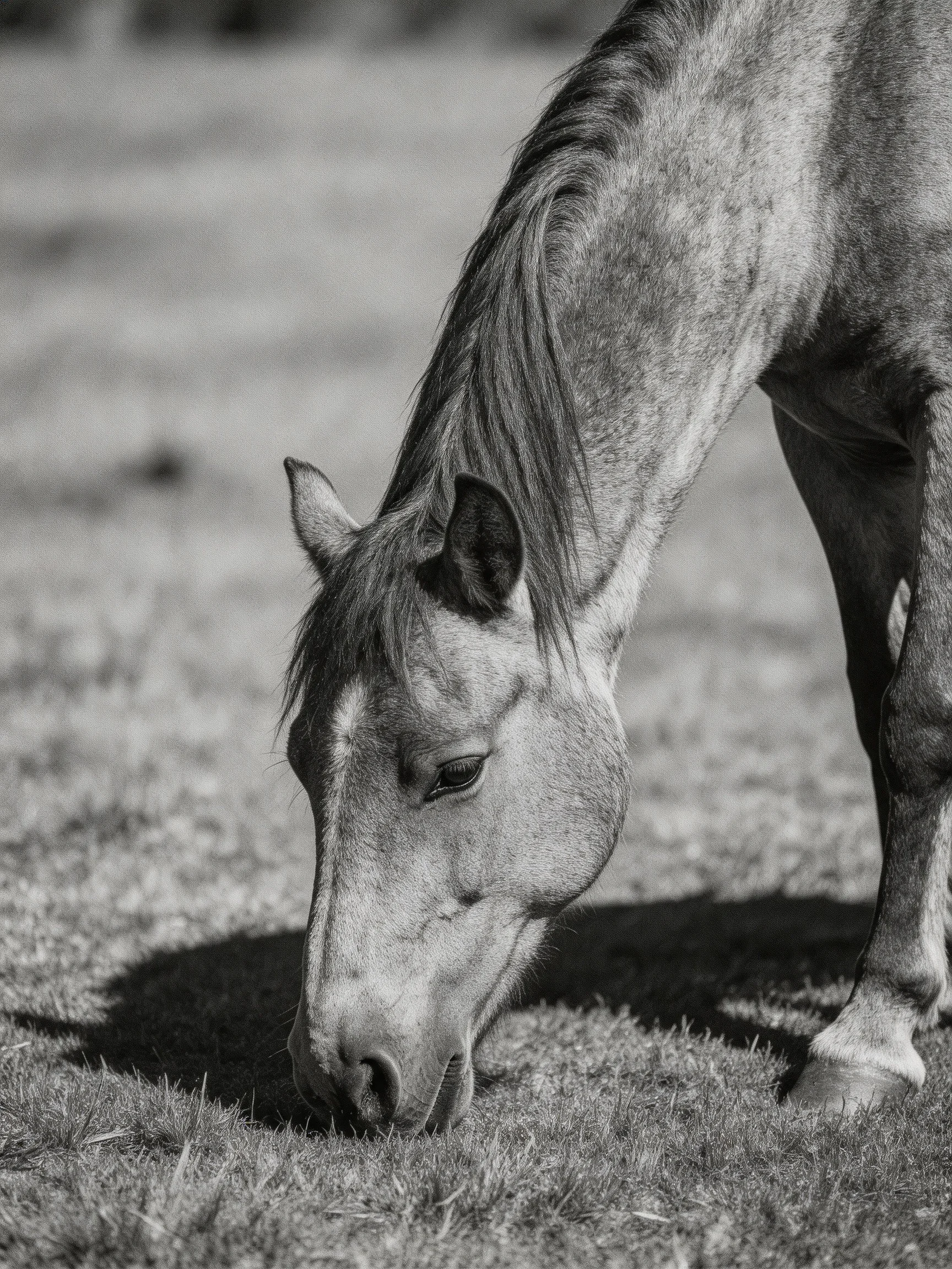 Ablack - and - white horse grazing in a grassy field