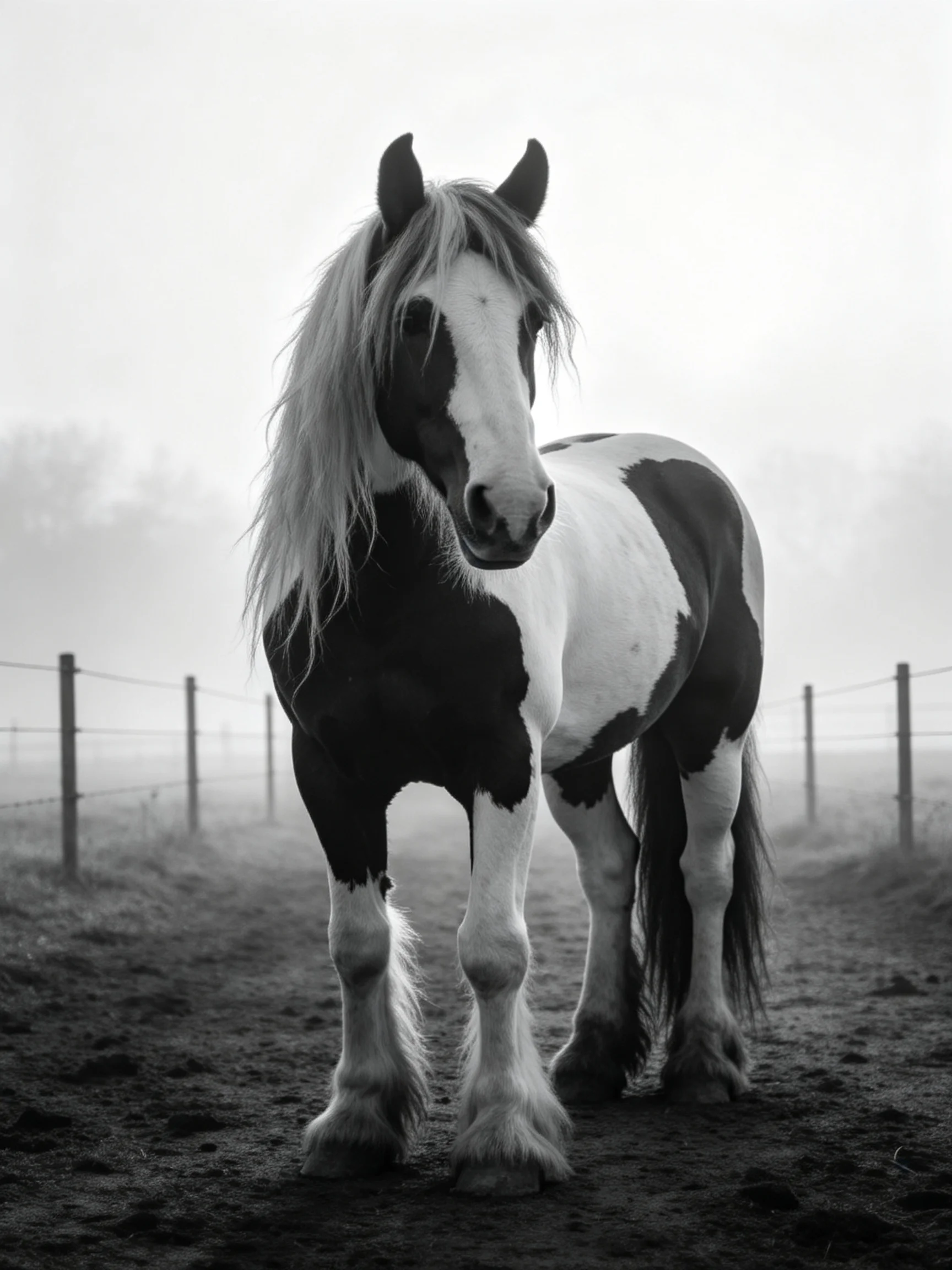 A black-and-white pinto horse stands in a misty fenced area.