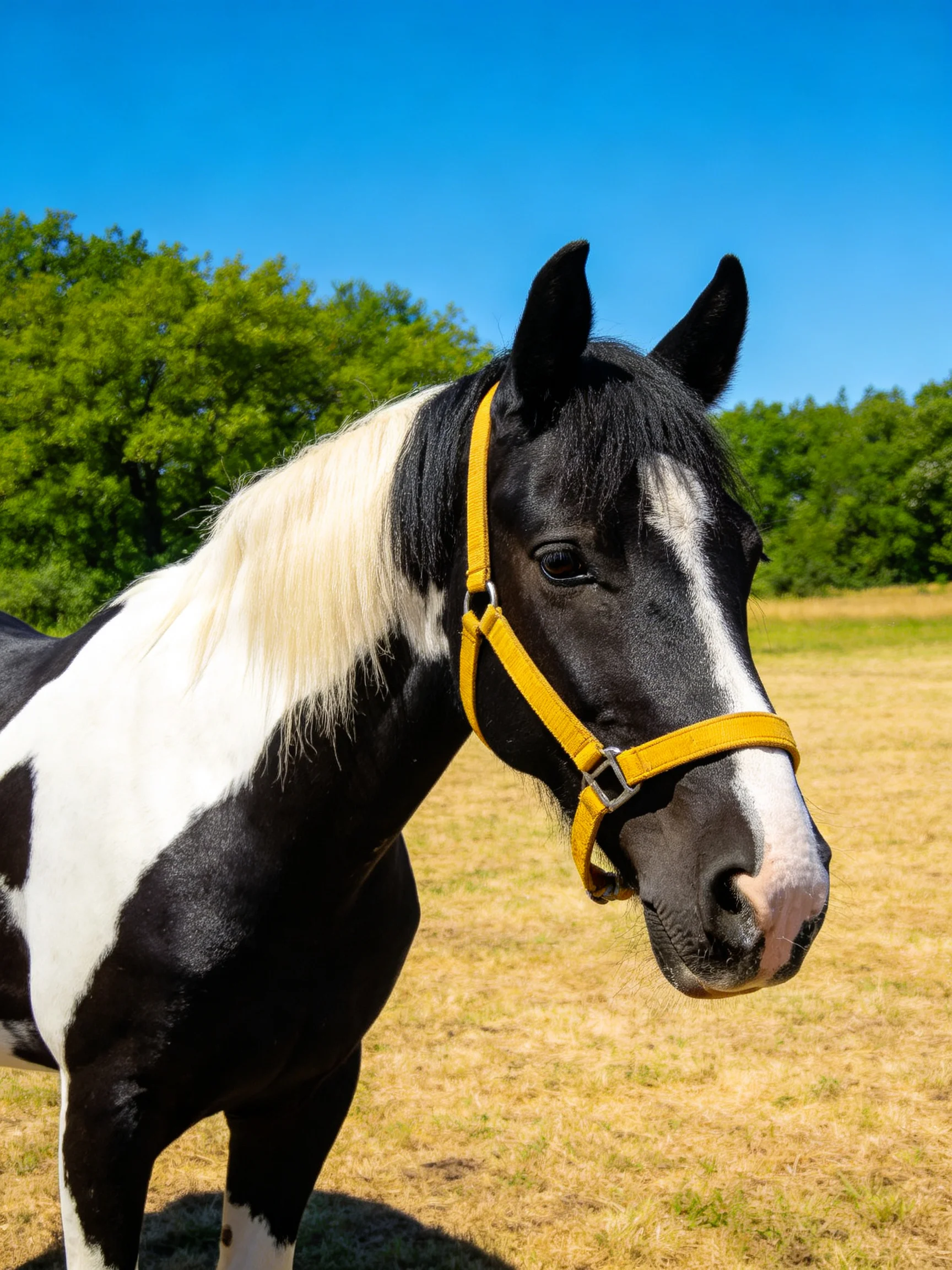 Ablack and white pinto horse with a yellow halter in a sunny field