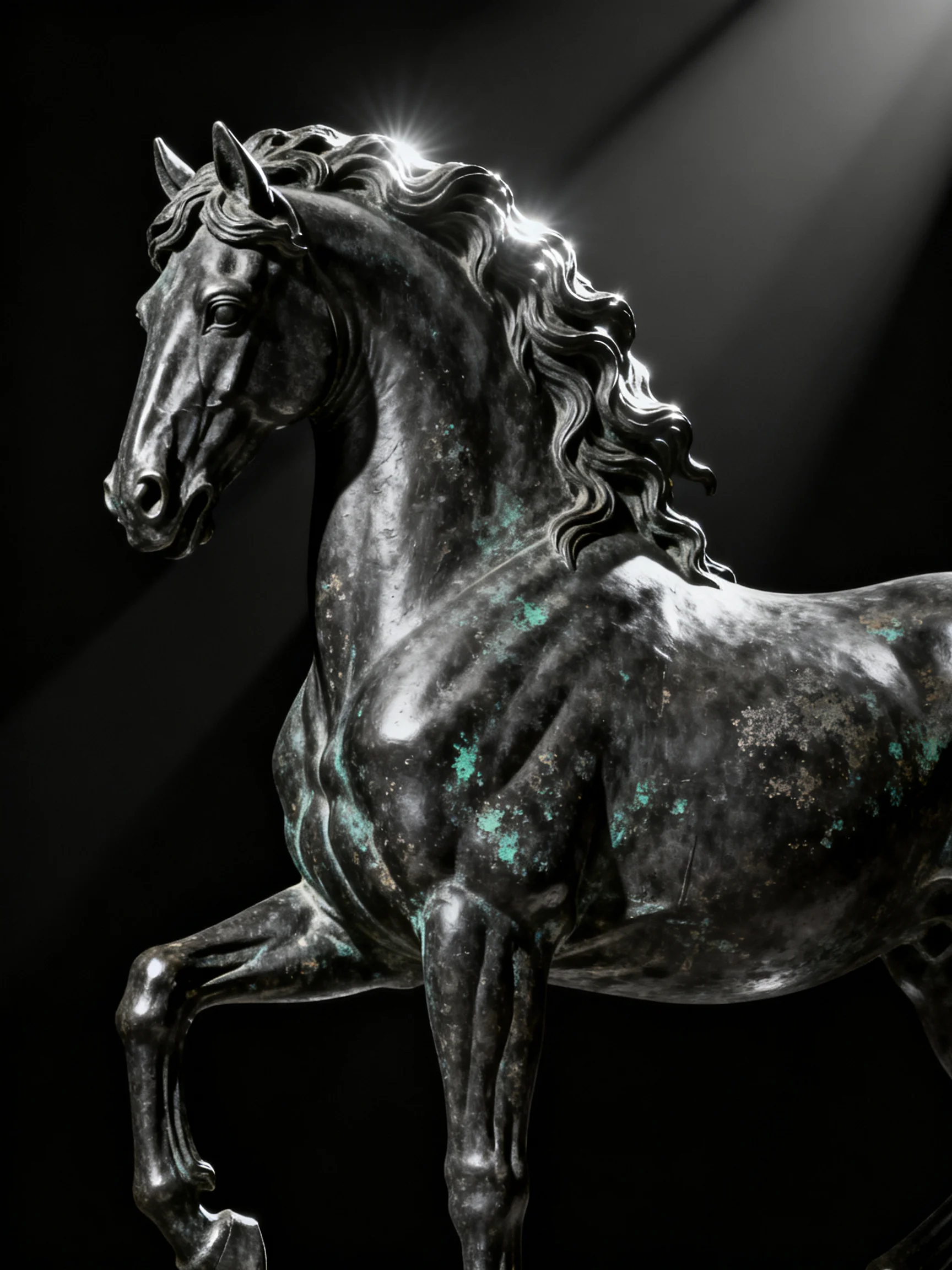 Aged bronze horse statue with verdigris accents under dramatic lighting