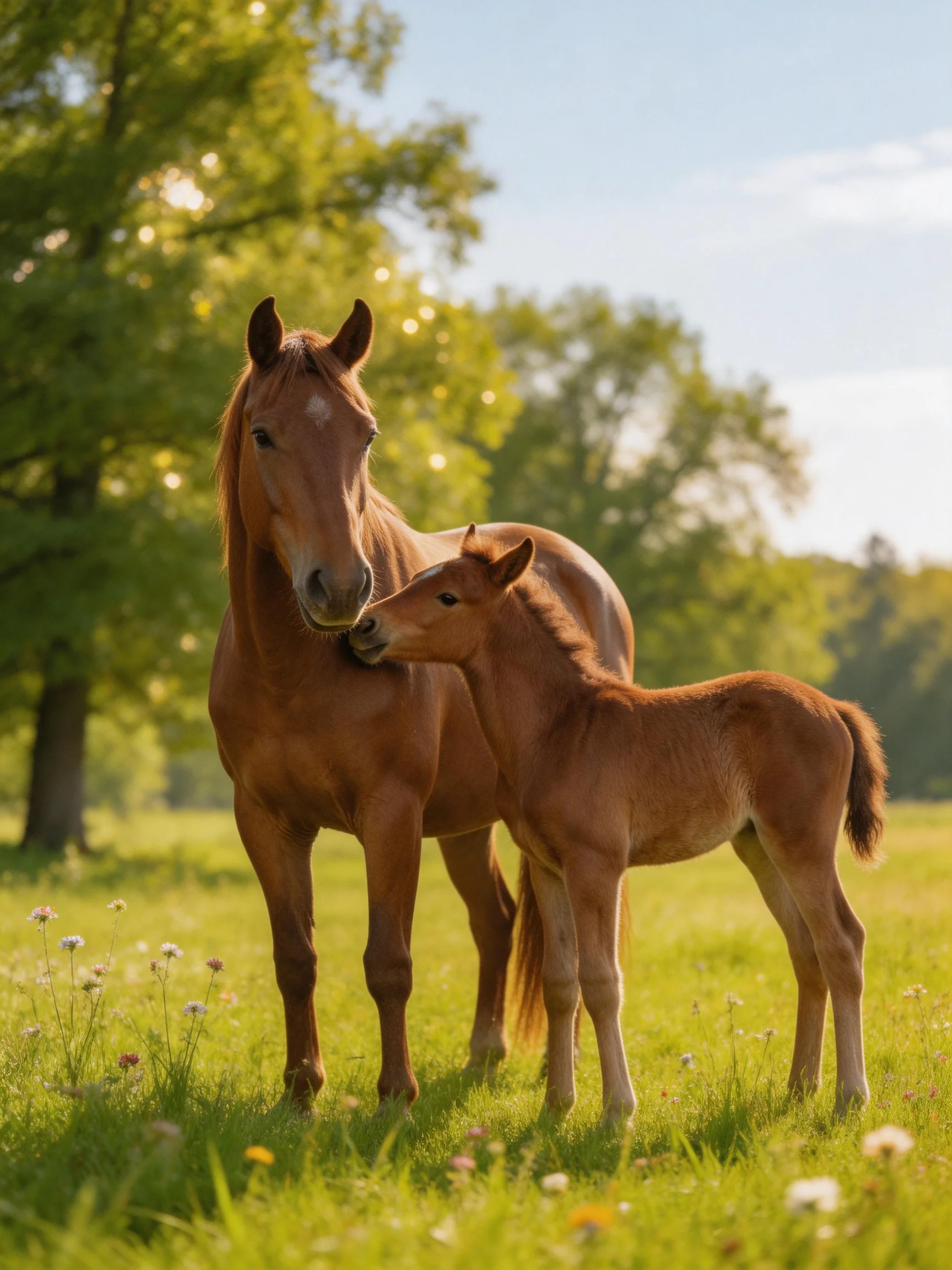 An adult brown horse and a young foal in a sunlit green meadow