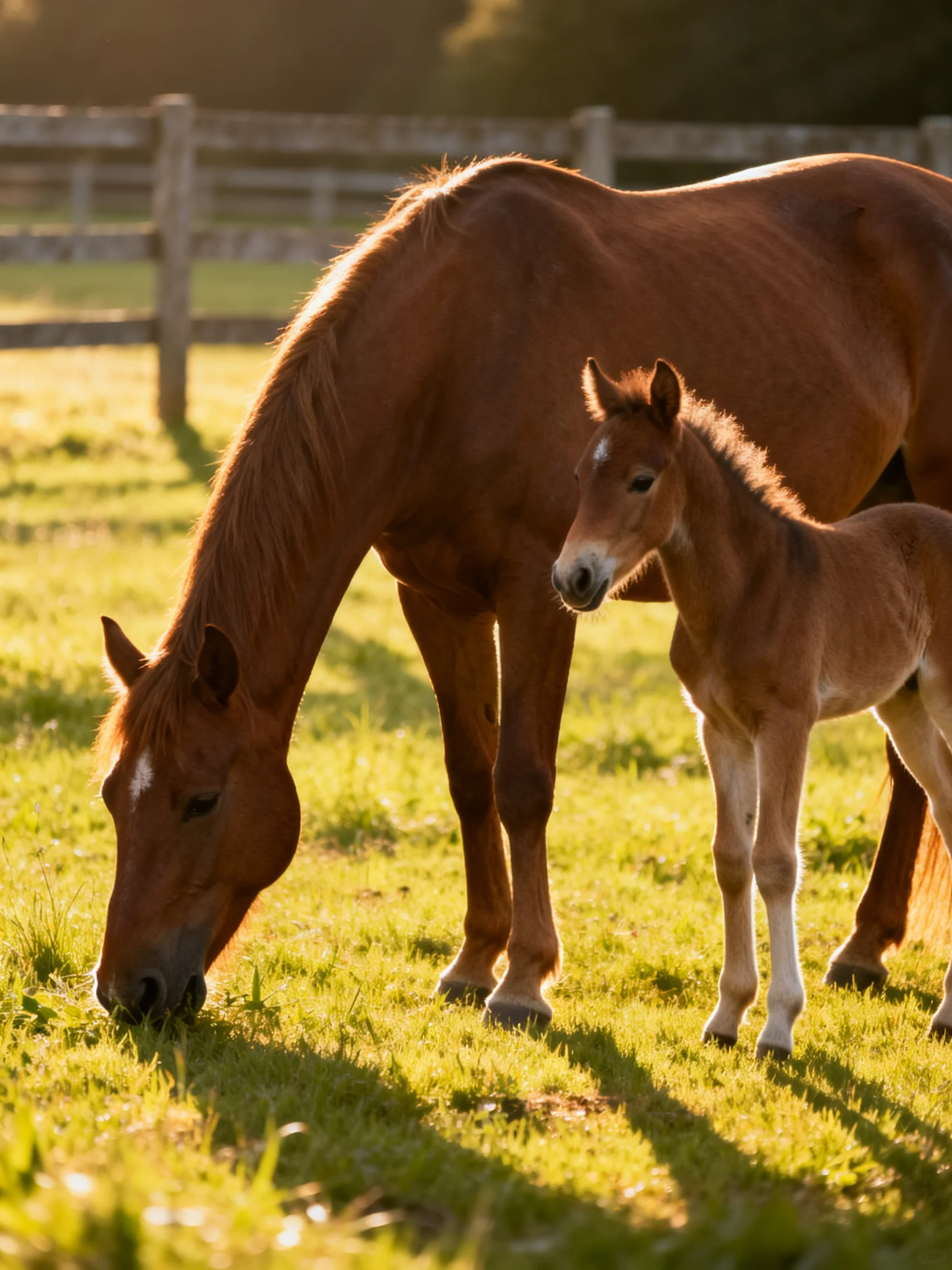 An adult brown horse and foal graze in a sunlit grassy pasture with a wooden fence.