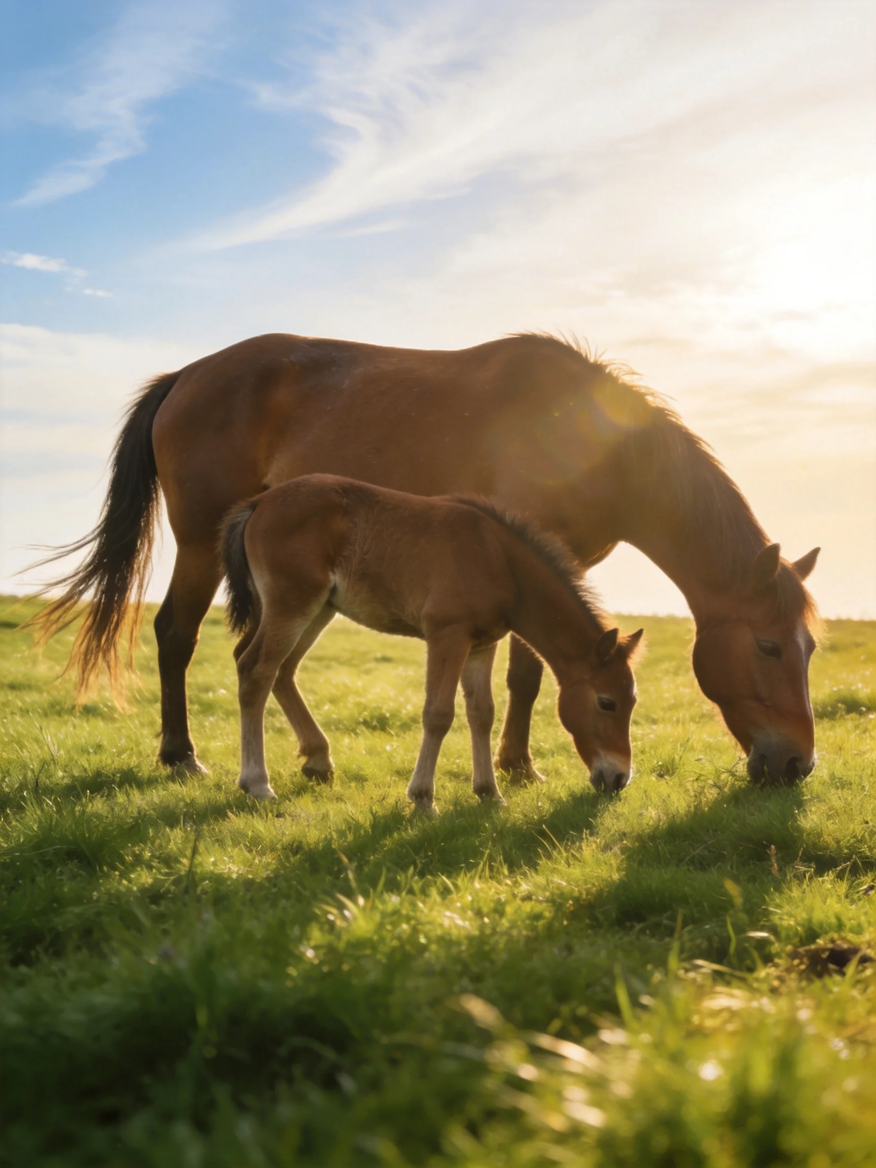 An adult brown horse and foal graze in a sunlit green meadow