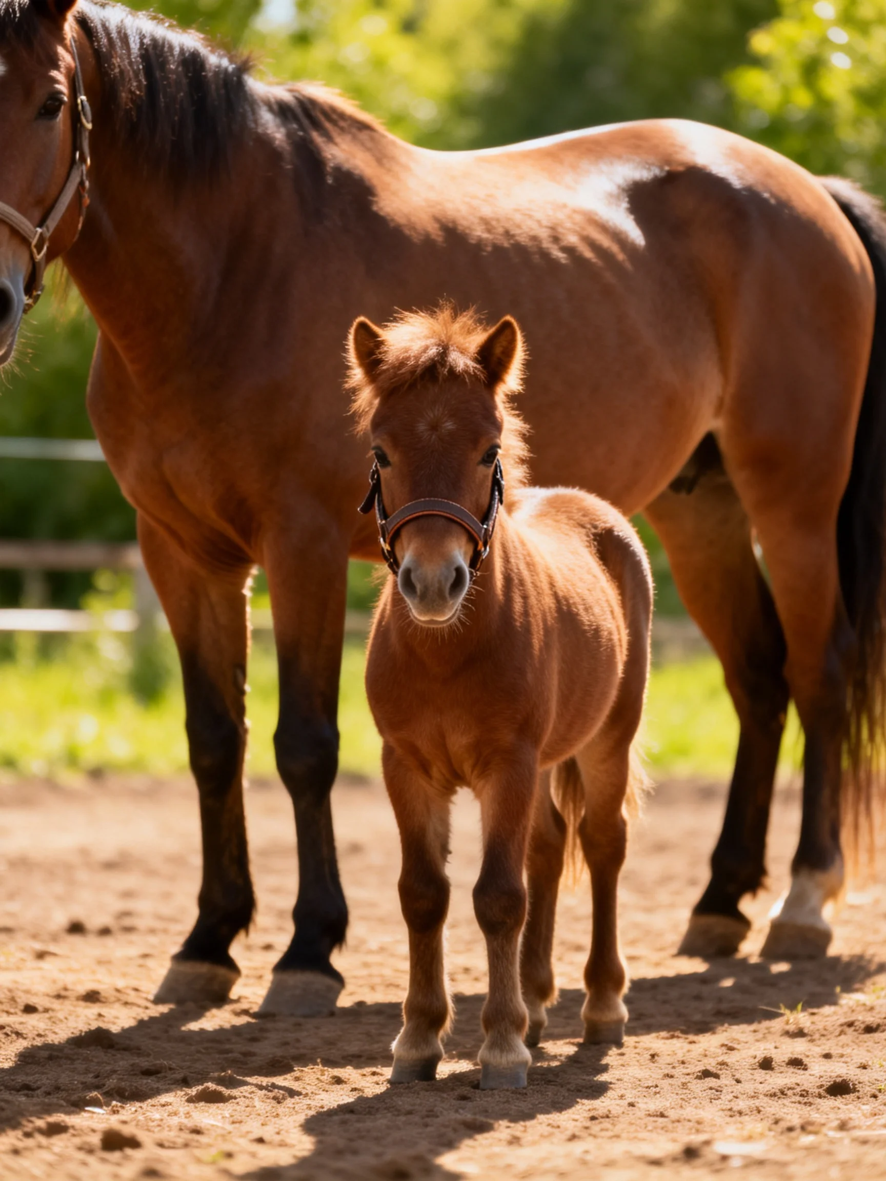An adult brown horse stands beside a small chestnut foal in a sunlit outdoor area