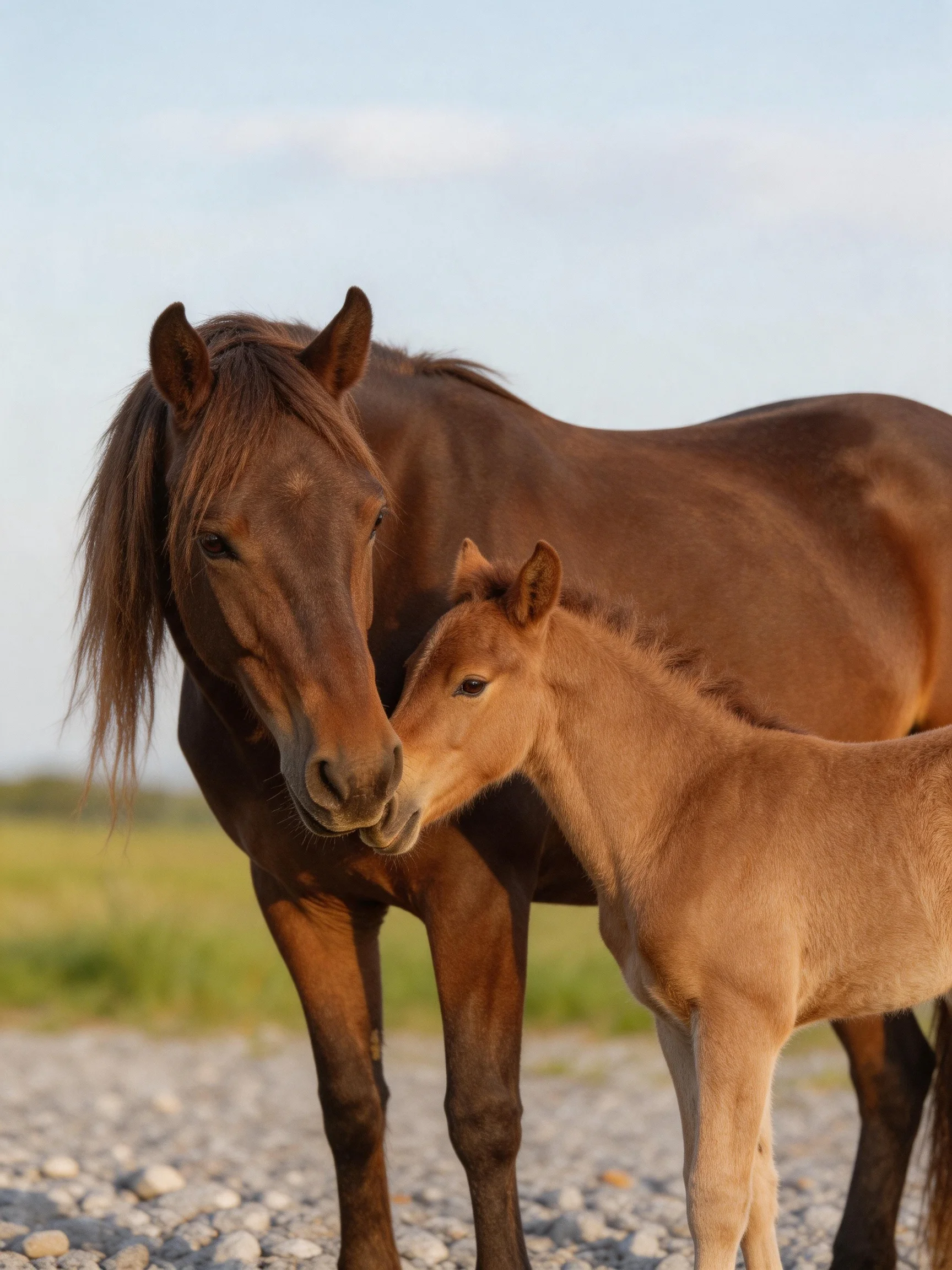 An adult brown mare and young tan foal stand on a gravelly surface
