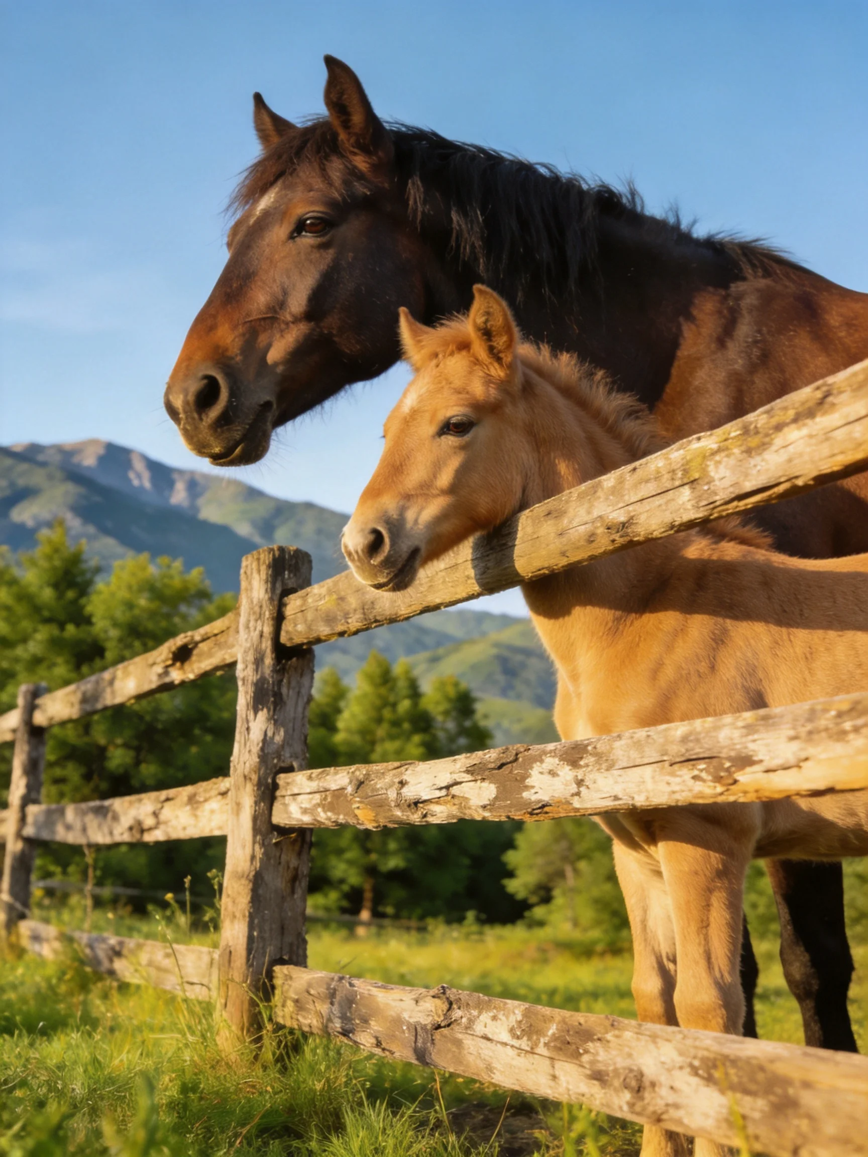 An adult dark-brown horse and light-brown foal by a weathered wooden fence with mountains