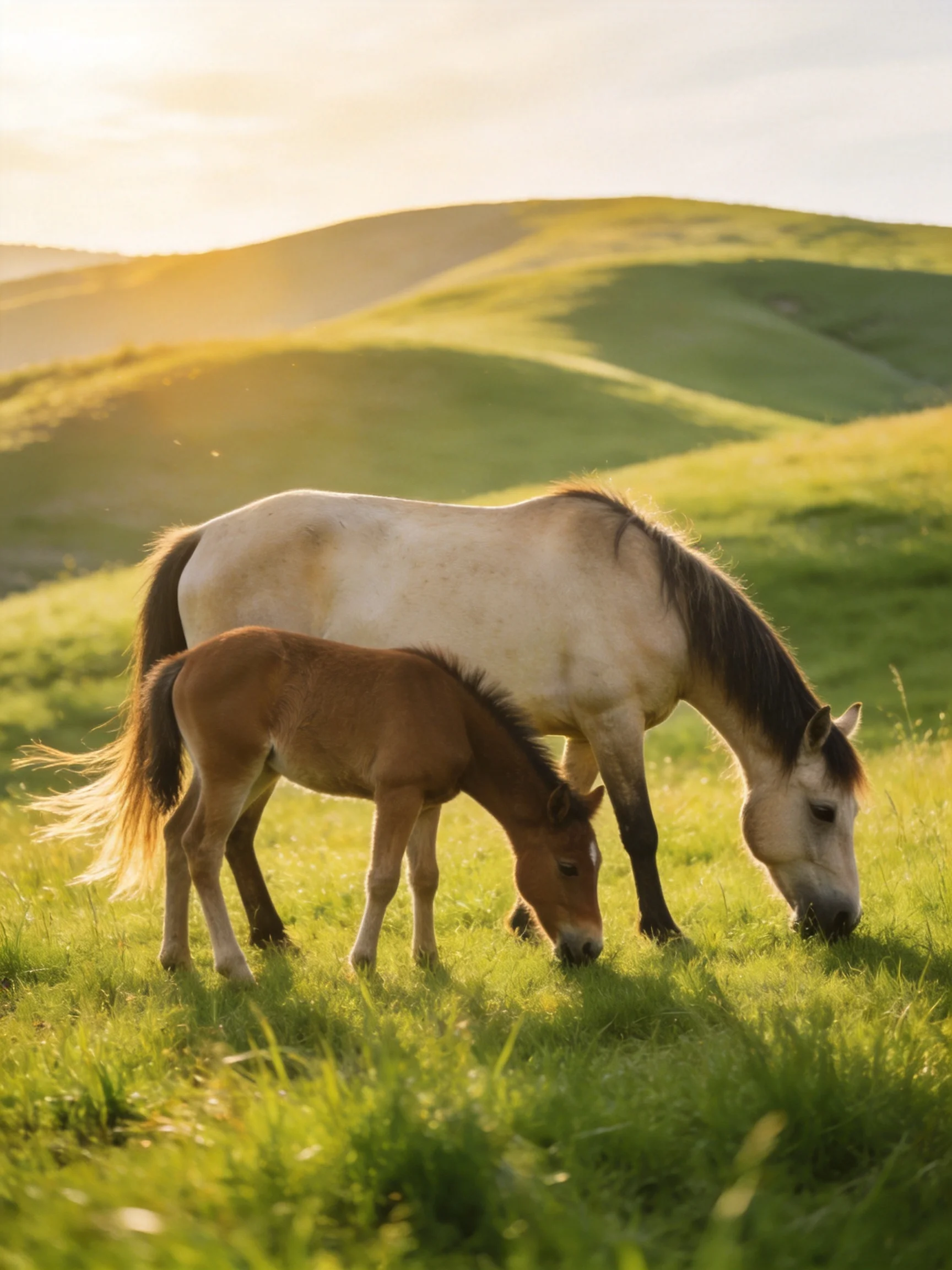 An adult horse and foal graze in a sunlit green meadow with rolling hills