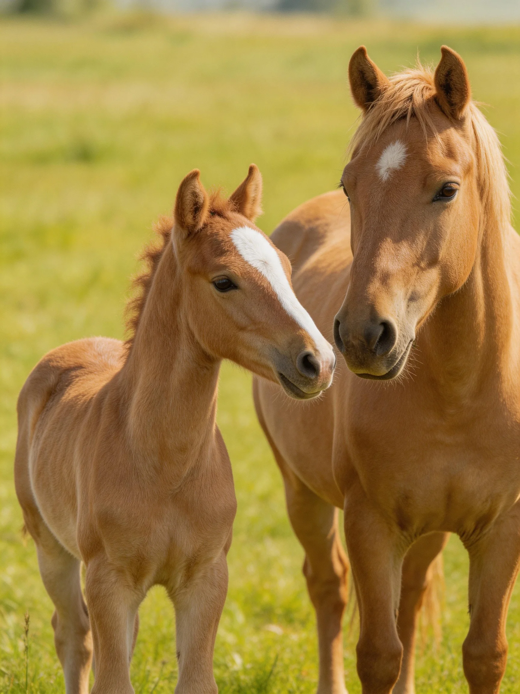 An adult tan horse and a foal stand in a sun-drenched green meadow