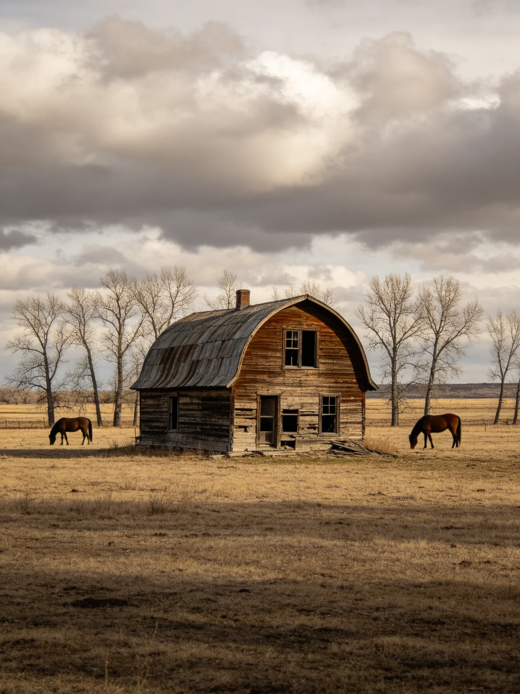 An aged wooden barn in a golden field with two brown horses