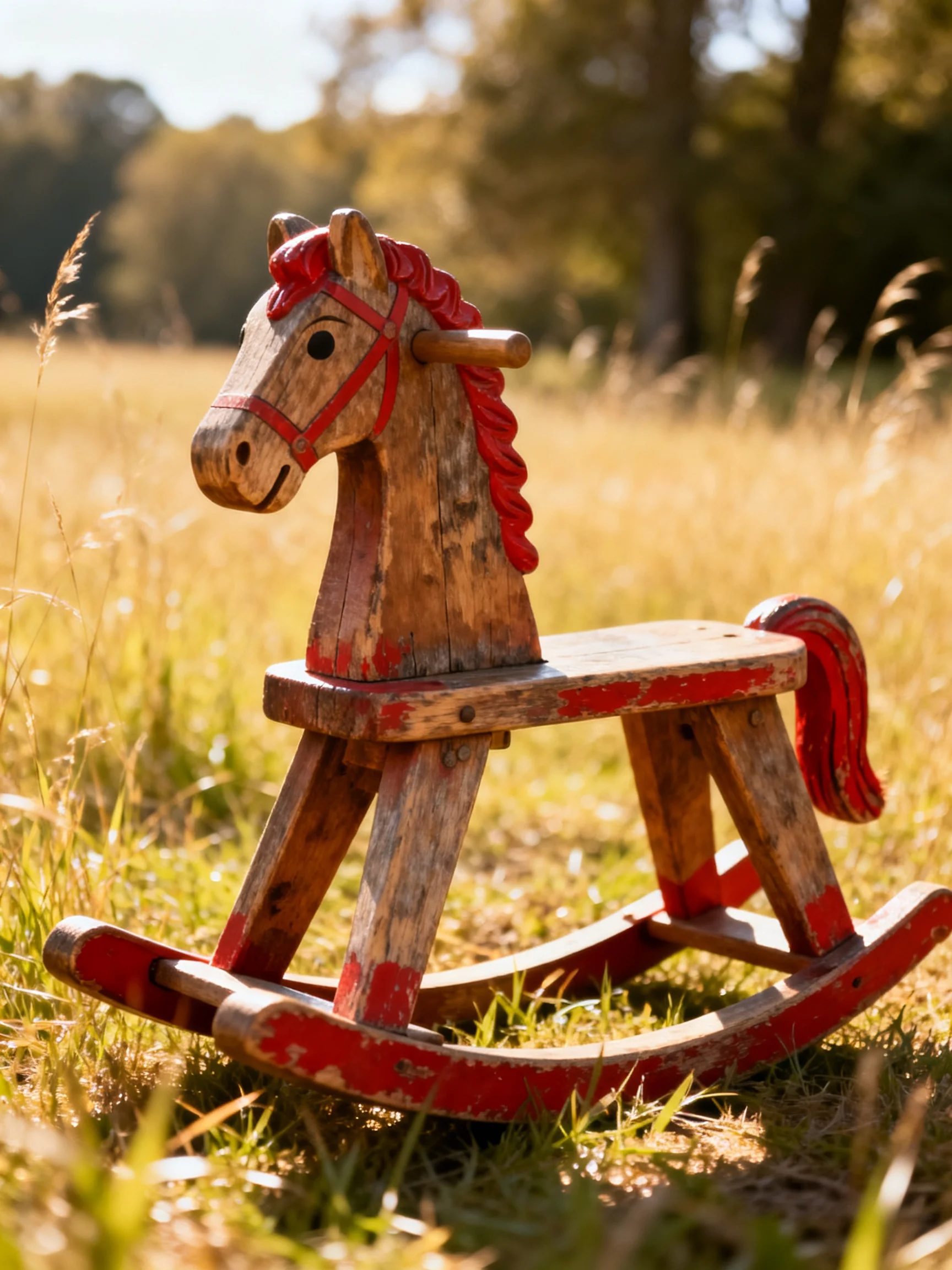 An aged wooden rocking horse with red accents in a sunlit field