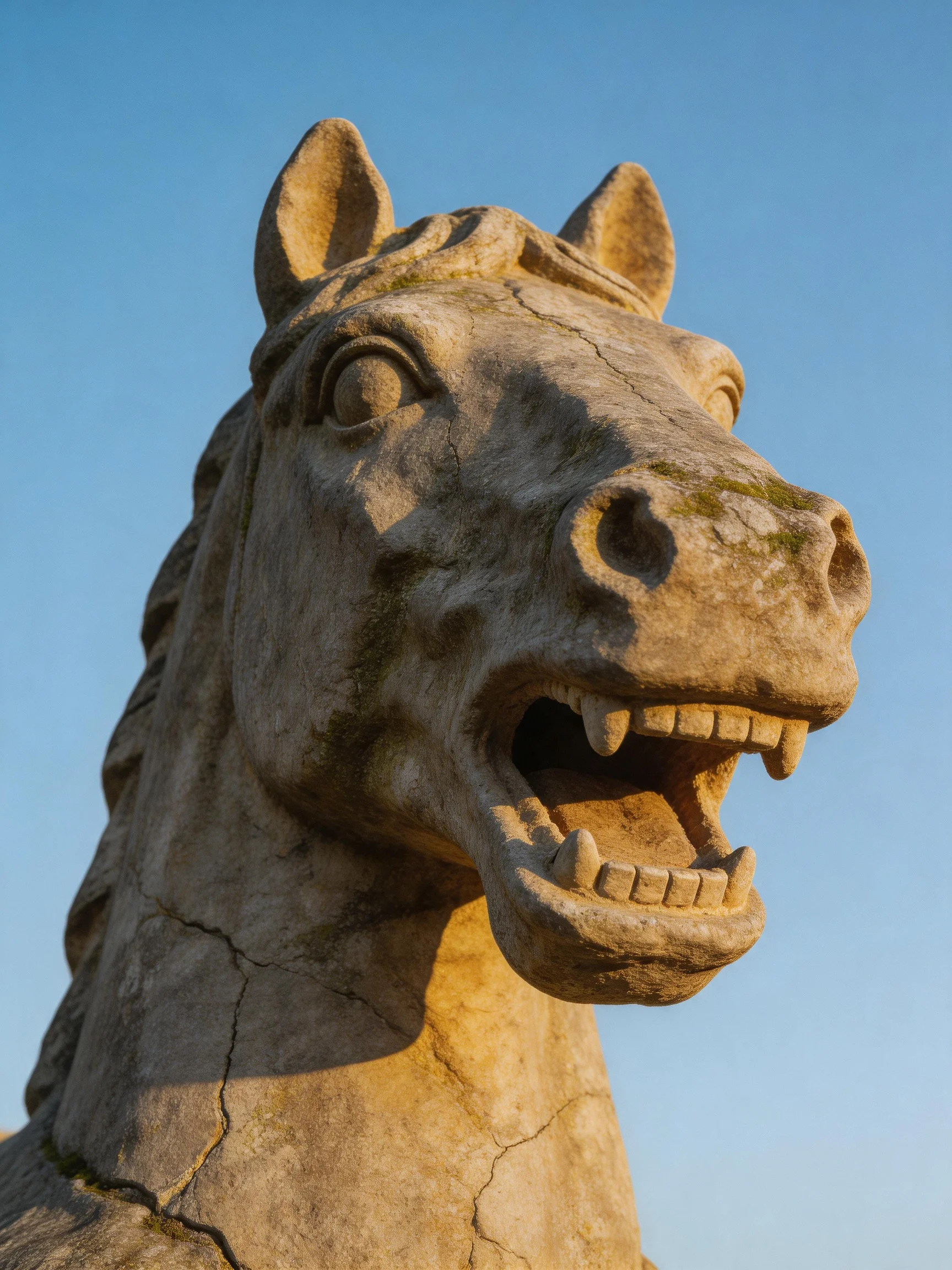 An ancient stone horse head statue with an open mouth and weathered texture
