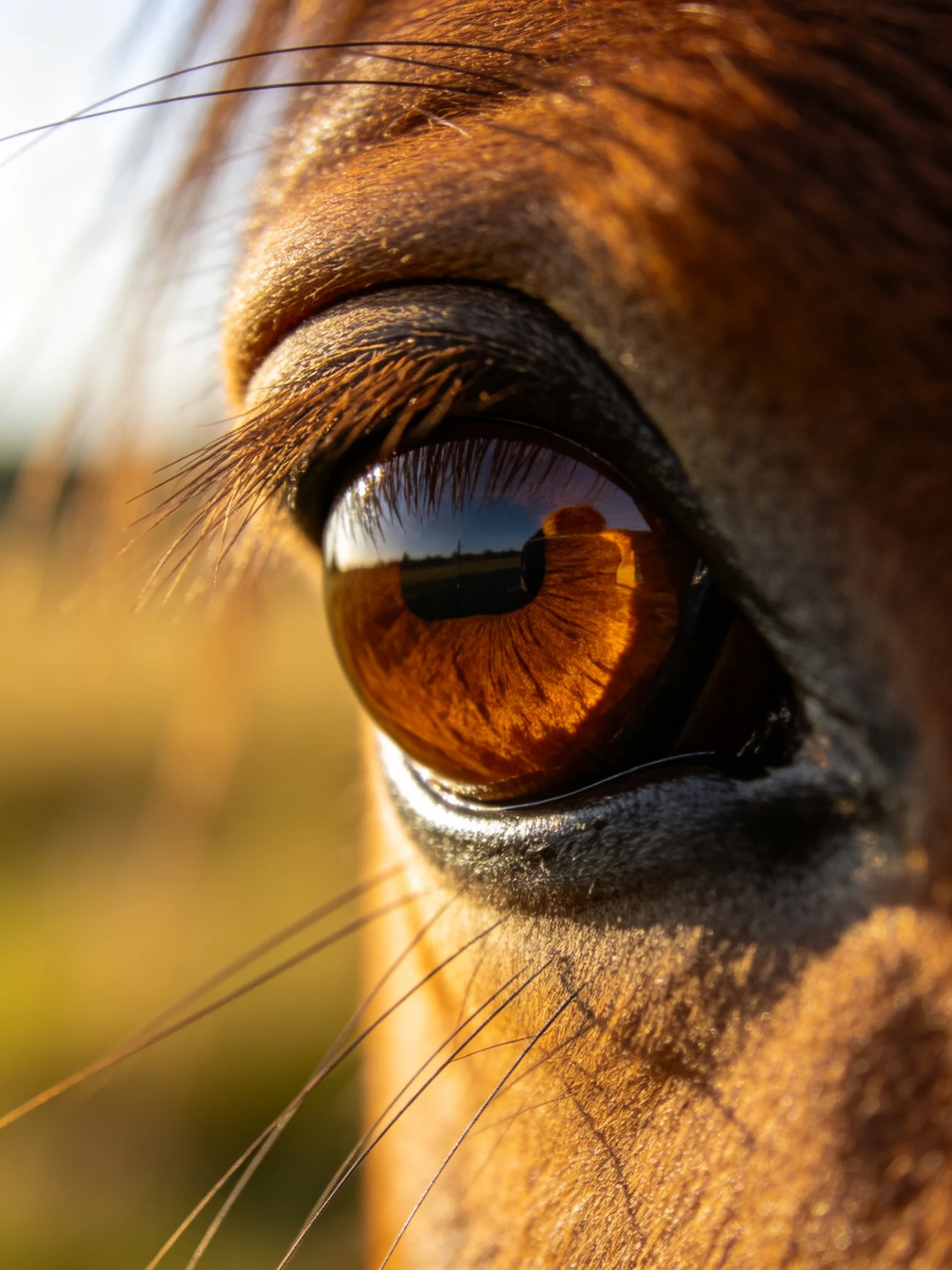 An extreme close - up highlights a horse’s amber eye and textured facial features
