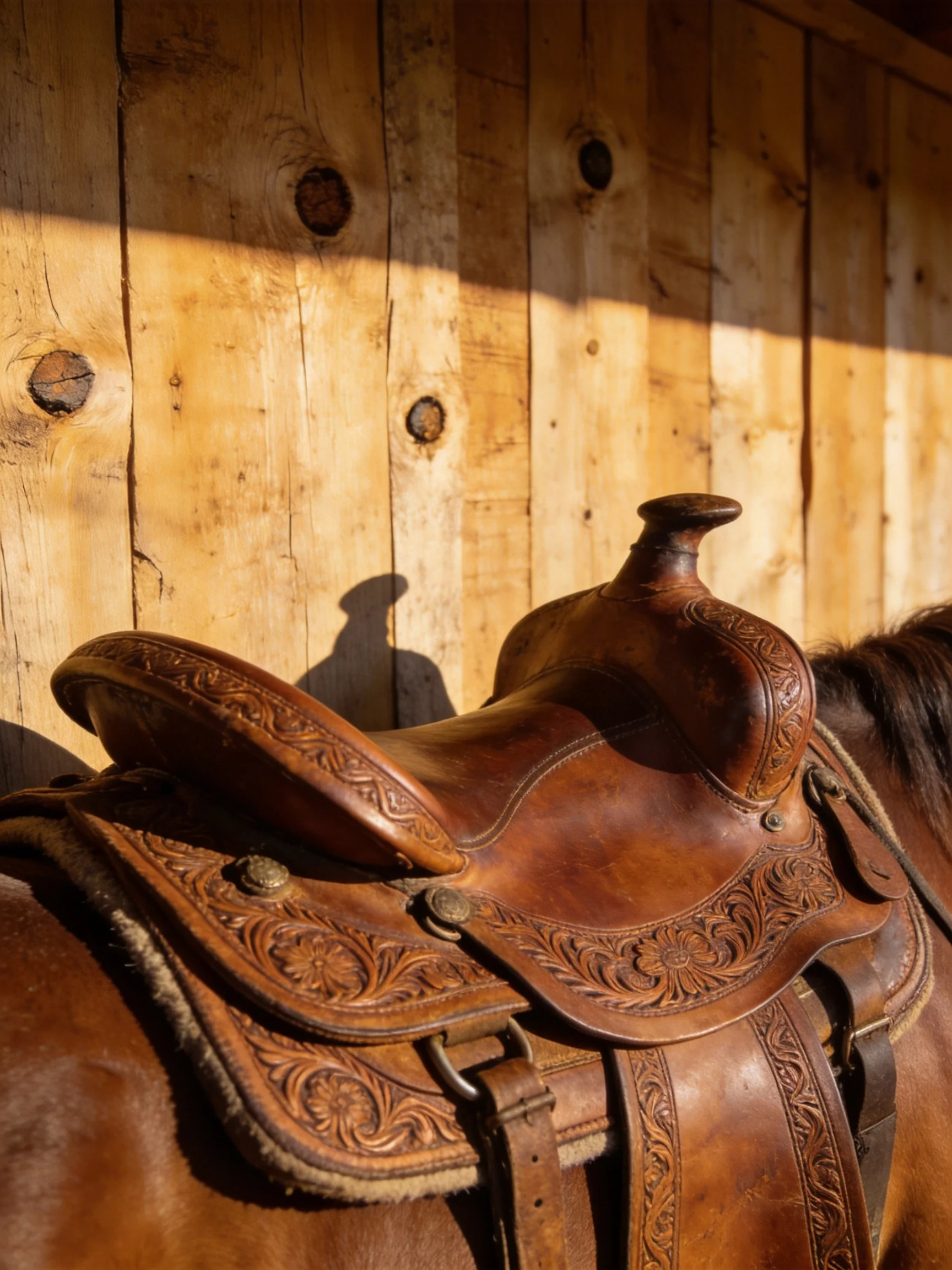 An intricately carved brown leather saddle beside a weathered wooden wall