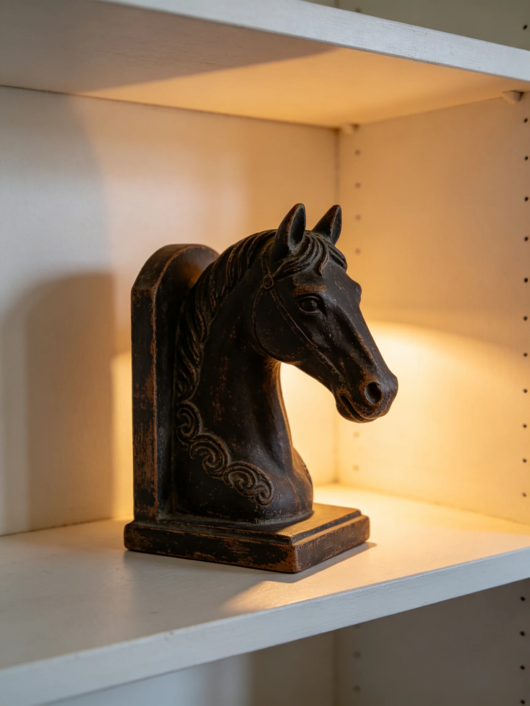 An intricately carved dark brown horse head bookend on a white shelf