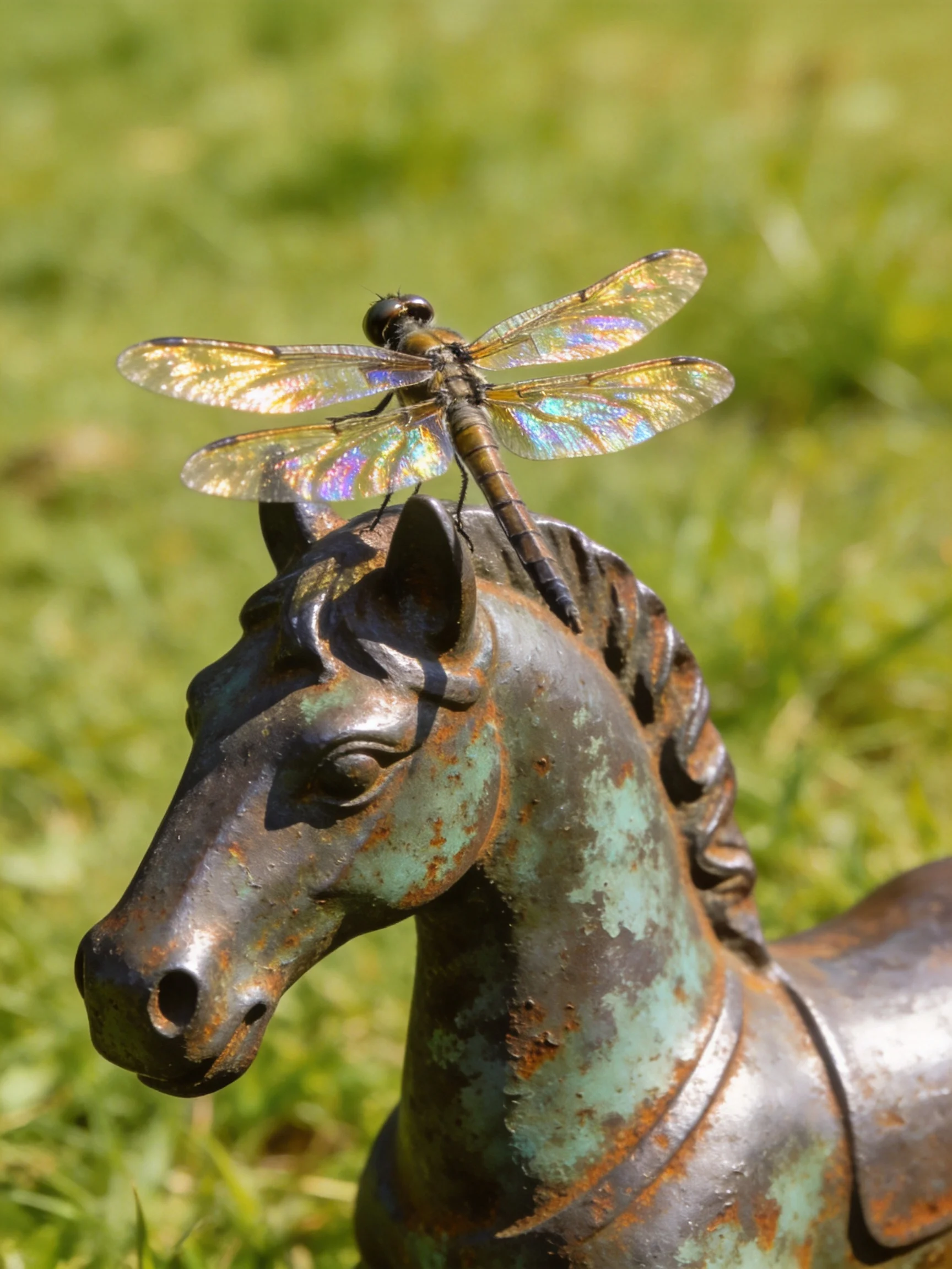 An iridescent dragonfly perches on a weathered bronze horse sculpture