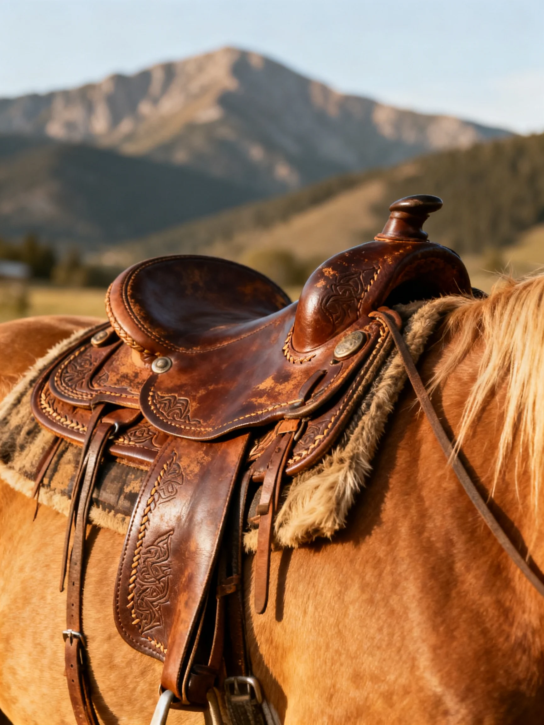 An ornate brown leather saddle on a tan horse near mountainous terrain