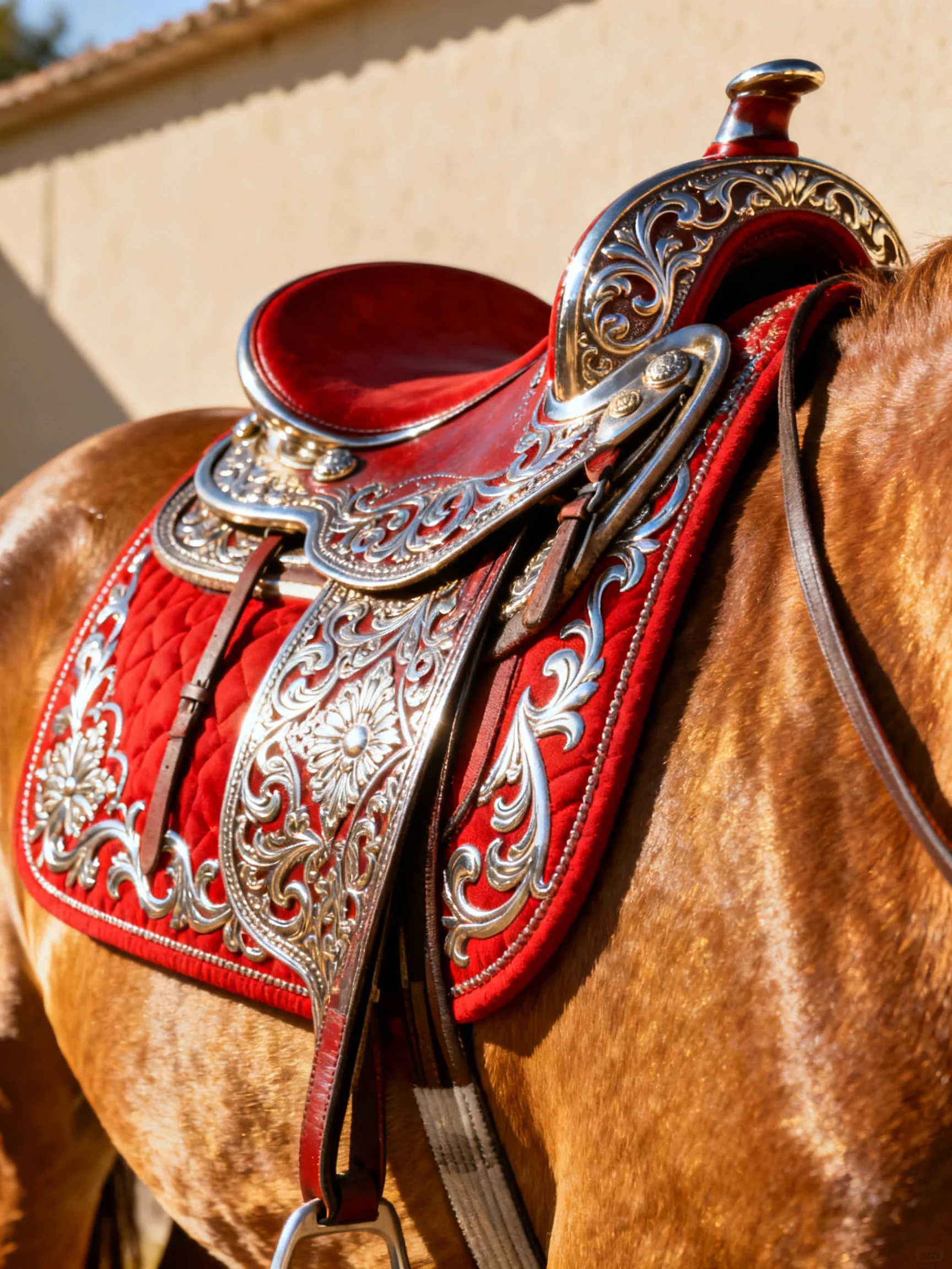 An ornate silver and red western saddle mounted on a brown horse