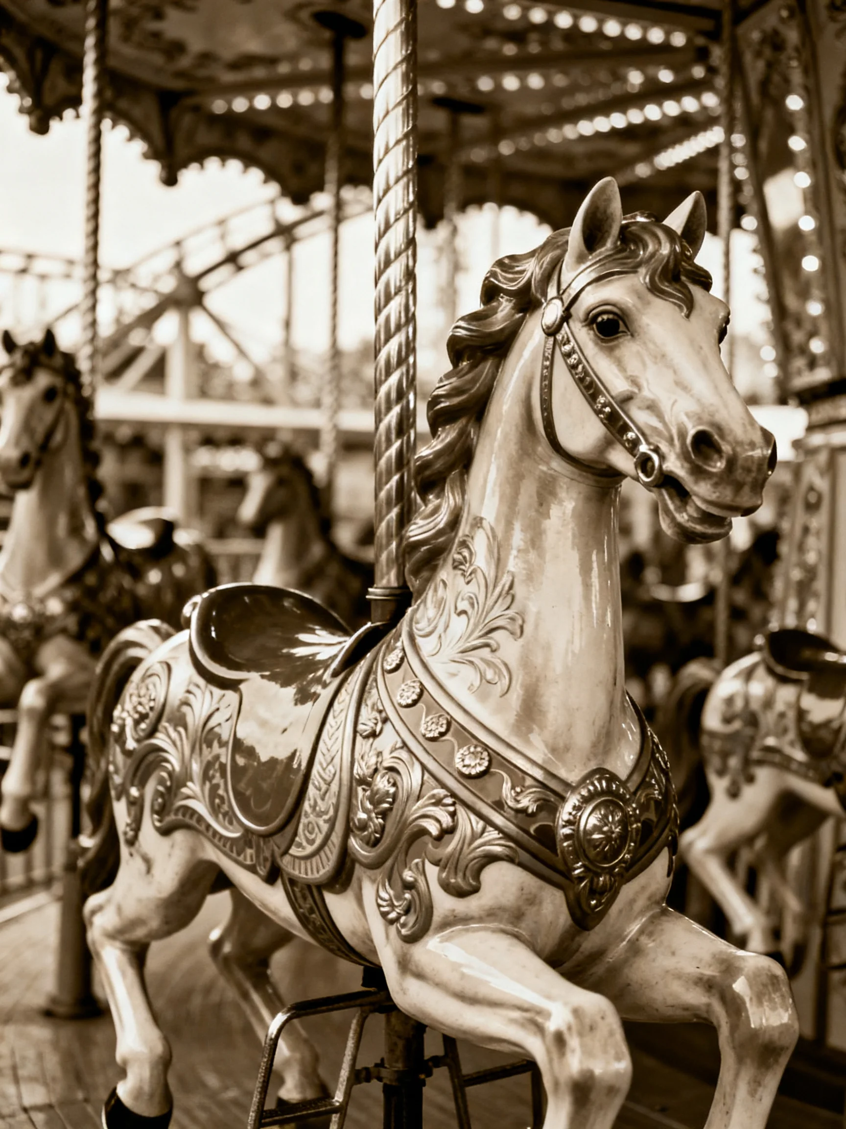 An ornate vintage carousel horse with elaborate decorative details
