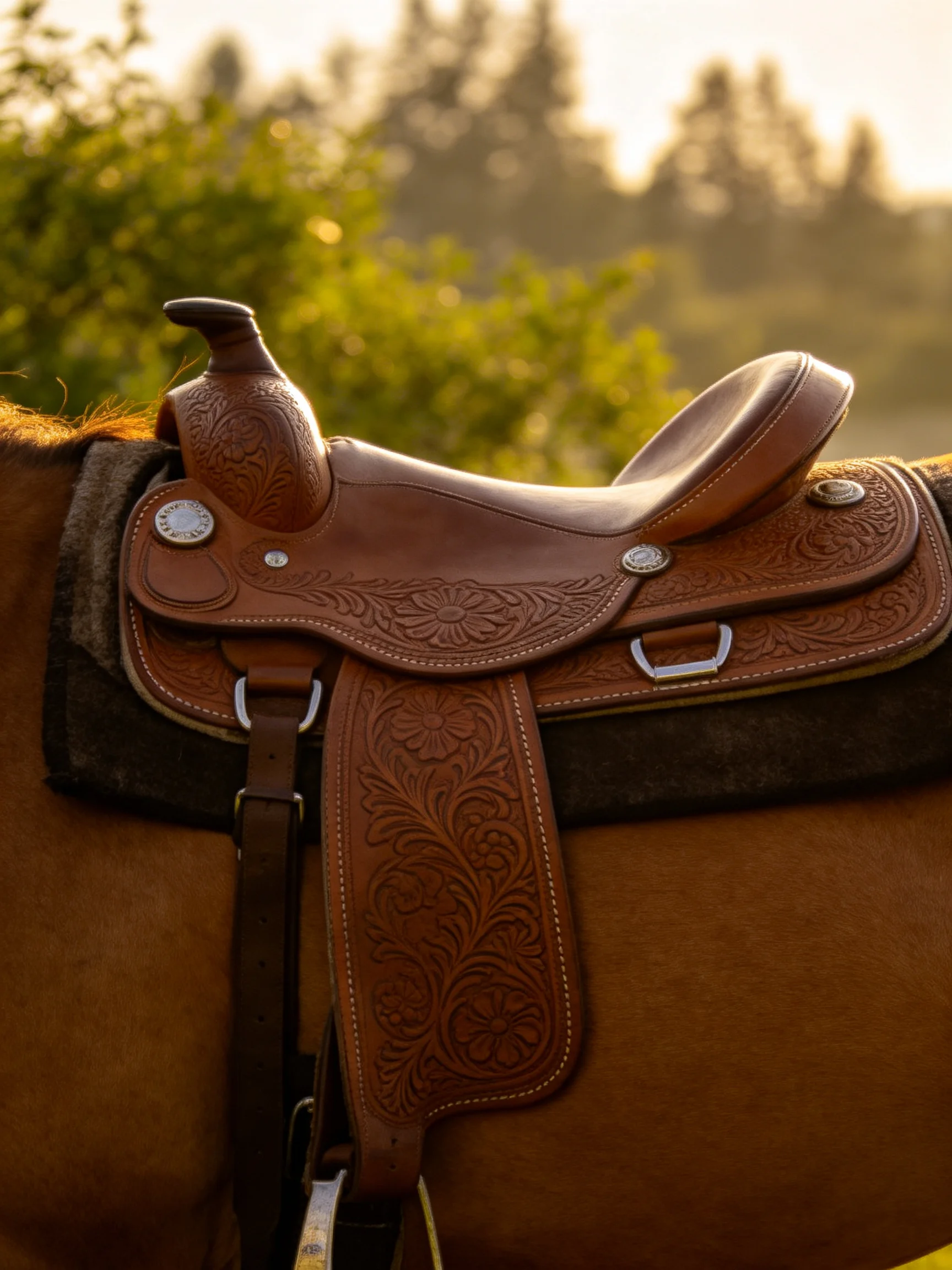 An ornately carved brown leather saddle on a horse
