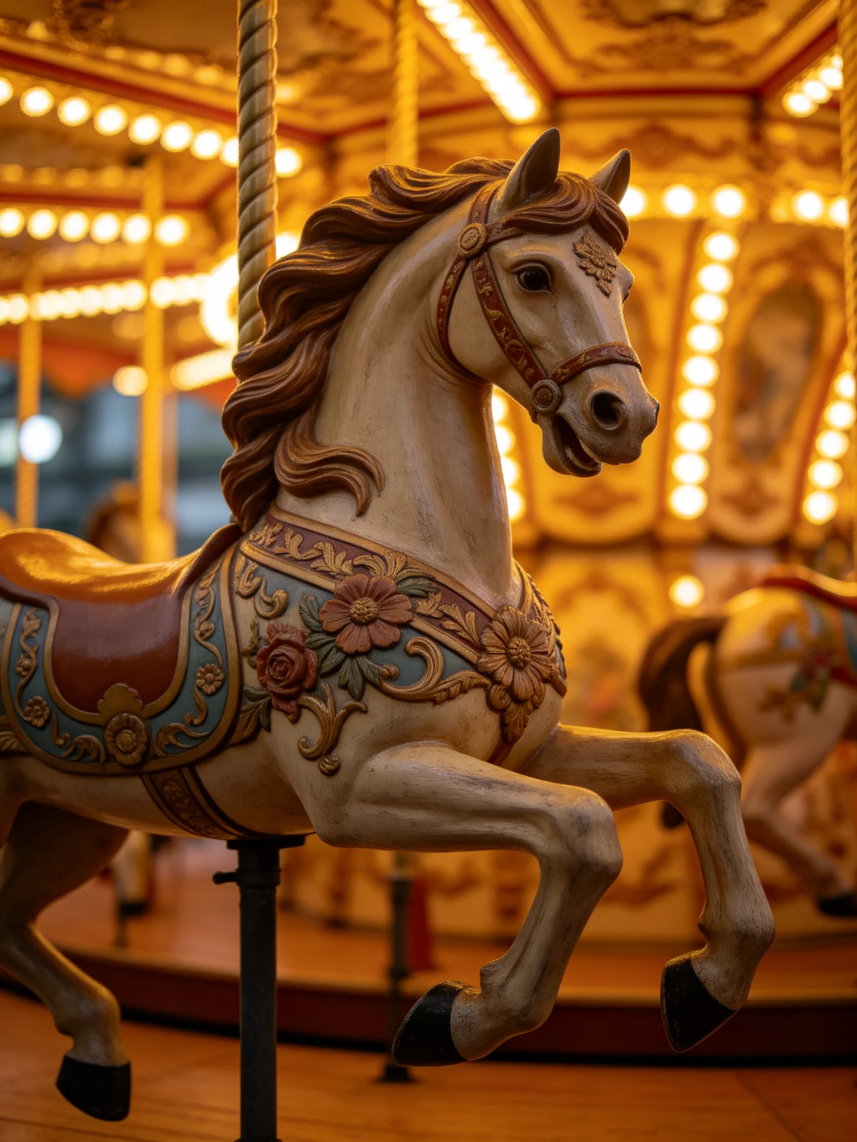 An ornately decorated carousel horse with floral saddle and glowing lights