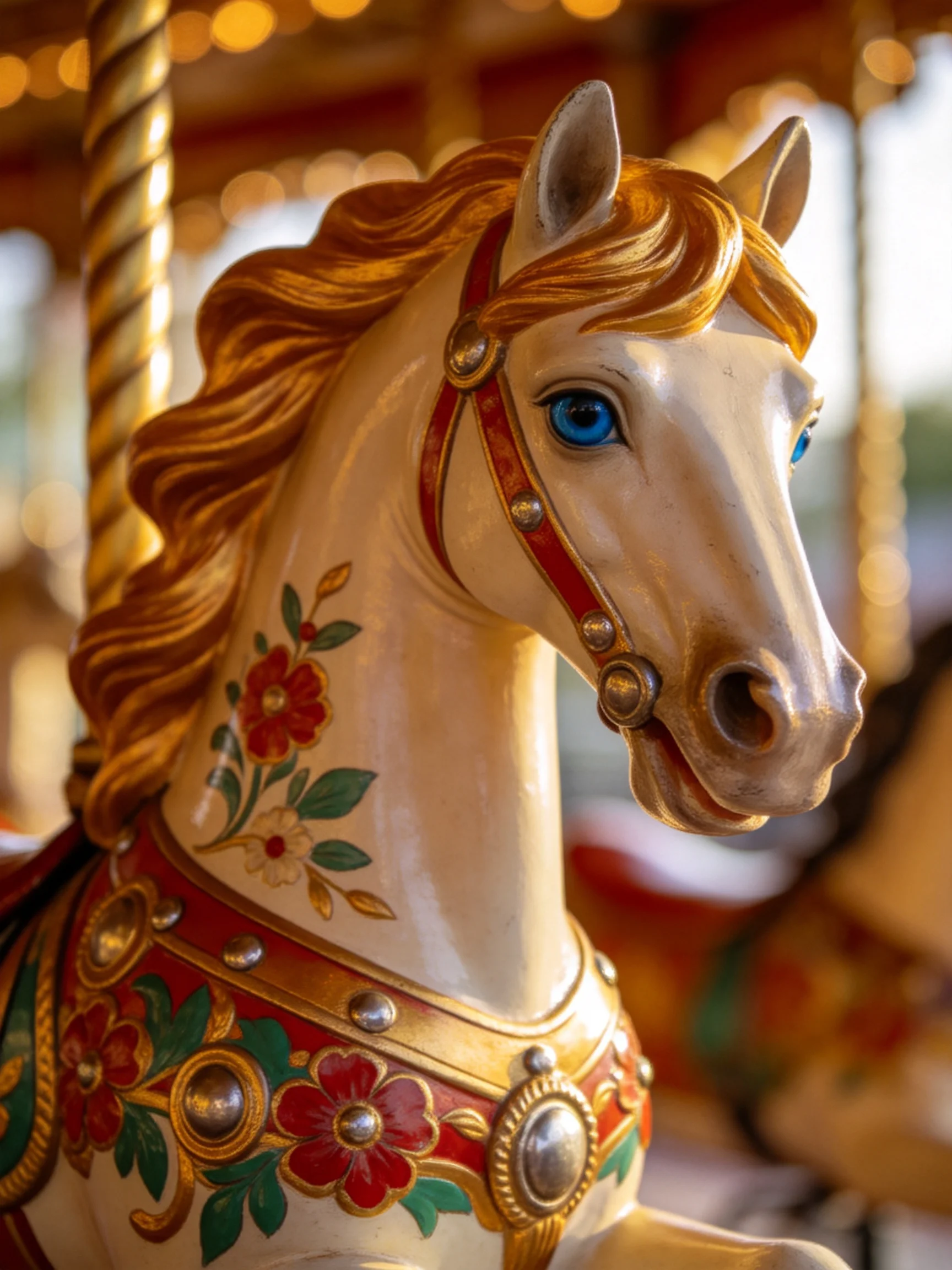 An ornately decorated white carousel horse with golden mane