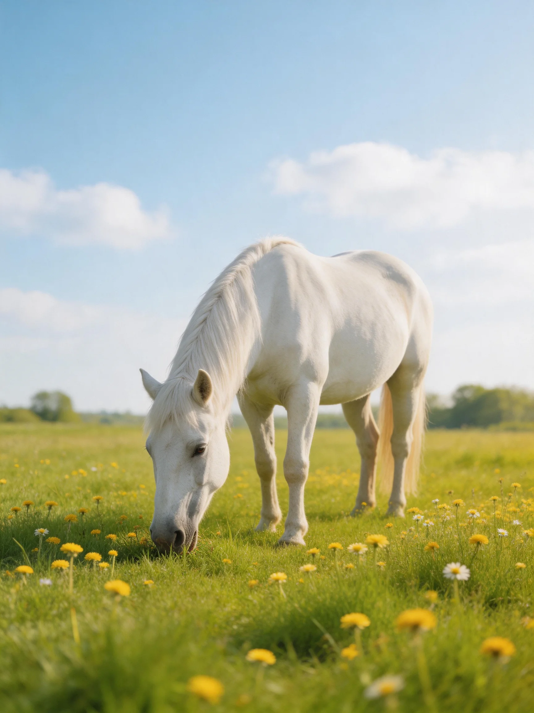 A white horse grazes in a flower-filled meadow under a clear sky.