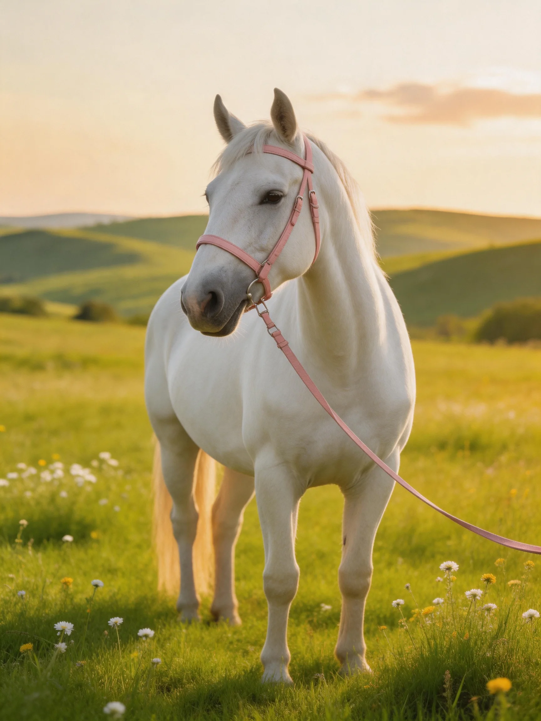 Awhite horse with pink bridle in a sunlit green meadow