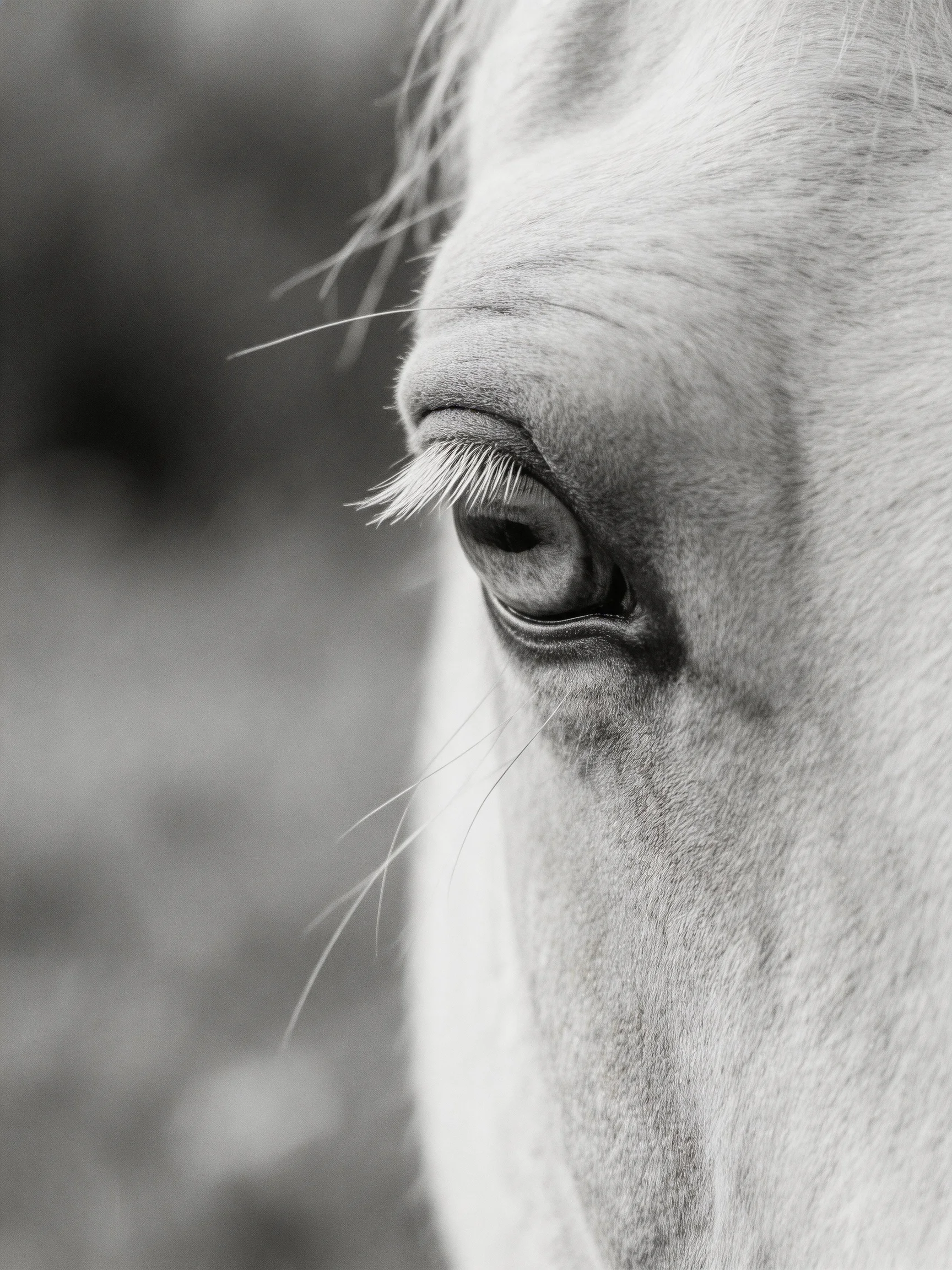 Black - and - white close - up of a horse’s eye with prominent eyelashes